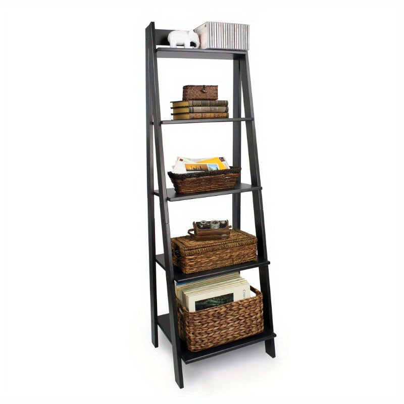 Solid Wood 5-Shelf Ladder Bookcase - Modern Black Bookshelf with Sturdy A-Frame Design, Space-Saving Vertical Storage for Home Office, Living Room, Dorm - Easy Assembly, Compact Bookcase for Small Spaces (Assembled Height \u003C27\