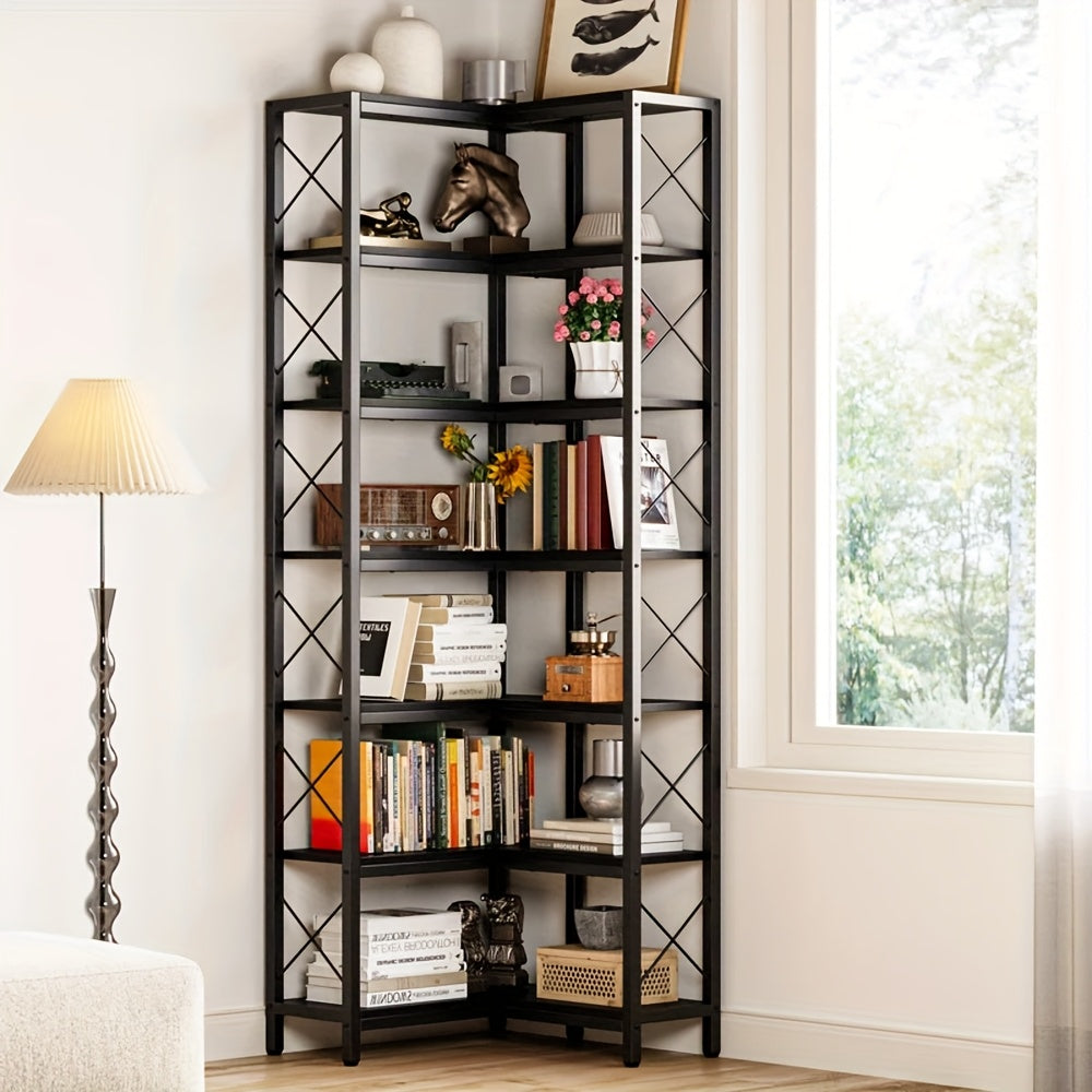 Industrial 7-Tier Corner Bookshelf, Multipurpose Metal and Wood Overhead Mounted Storage Display Rack, with Tiered Shelves for Living Room, Home Office, Utility Racks