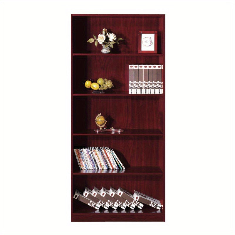 5-Shelf Plastic Bookcase Display Cabinet with Mahogany Finish & Bottom Front Molding - Classic Freestanding Storage Unit, 27\