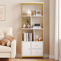 Bookshelf And Bookcase with Storage Cabinet And 2 Drawers, White And Golden Bookshelf, Standing 5 Tiers Book Shelves Display Rack with Doors for Bedroom Living Room Office, Golden