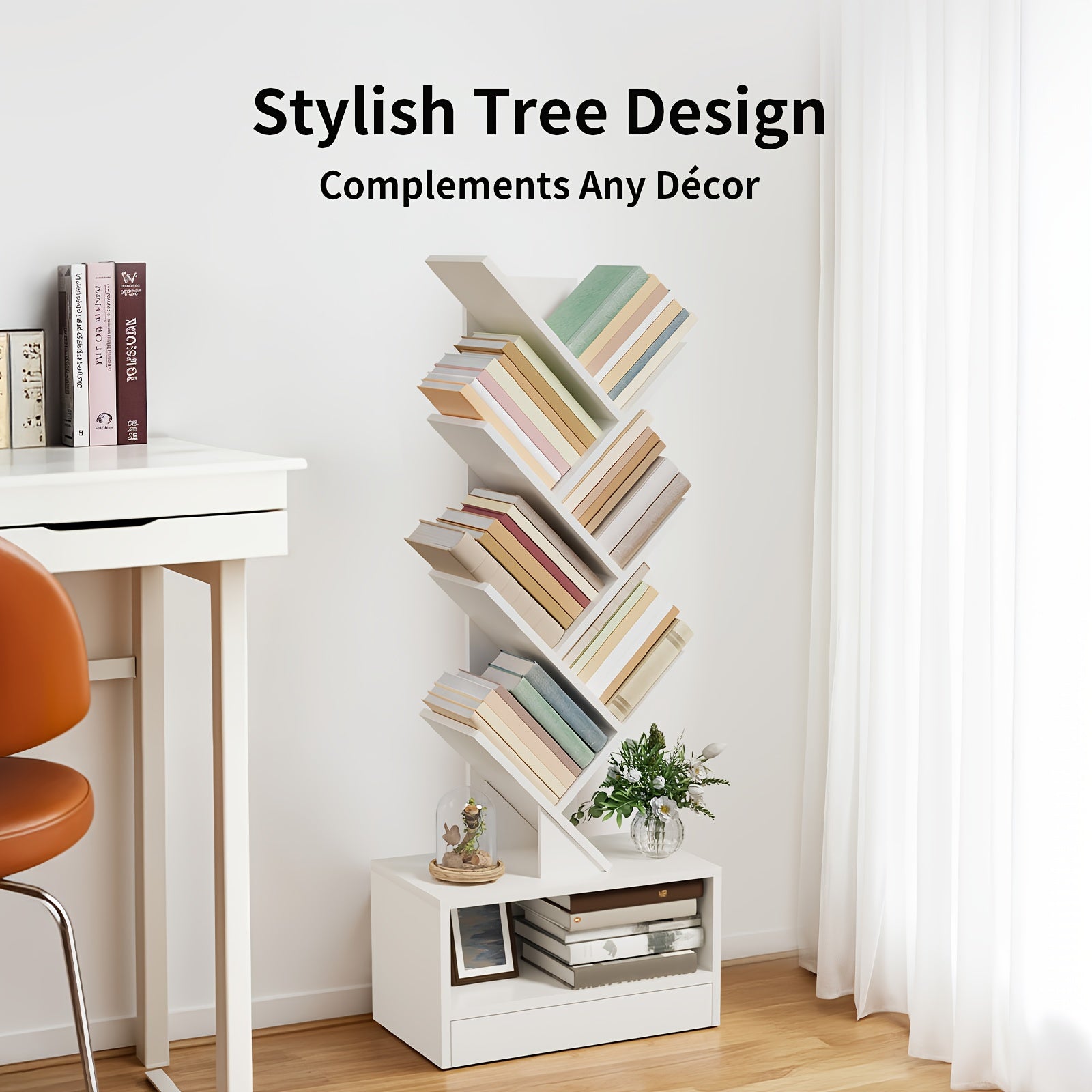 8-Tier Tall Wood Bookshelf with Drawer - Freestanding Vertical Space-Saving Design, Tip-Resistant Sturdy Wood Construction, 27\