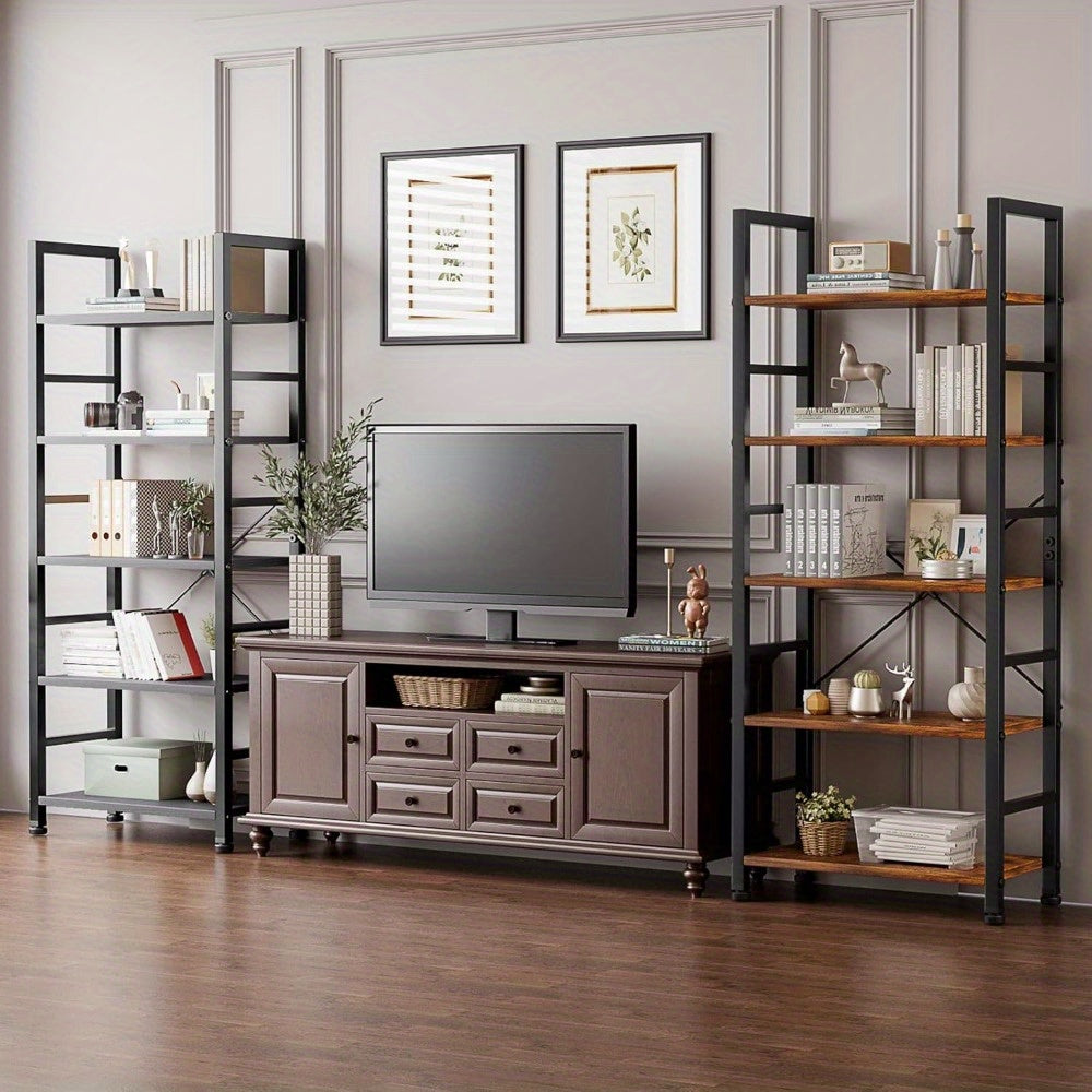 5-Story Bookcase-modern Wood And Metal Freestanding Display Stand, 27 Inch Tall Rustic Brown Storage Organizer, Suitable for Living Room, Home, Office-holds 150 Pounds, Needs Assembly, Bookcase Furnit