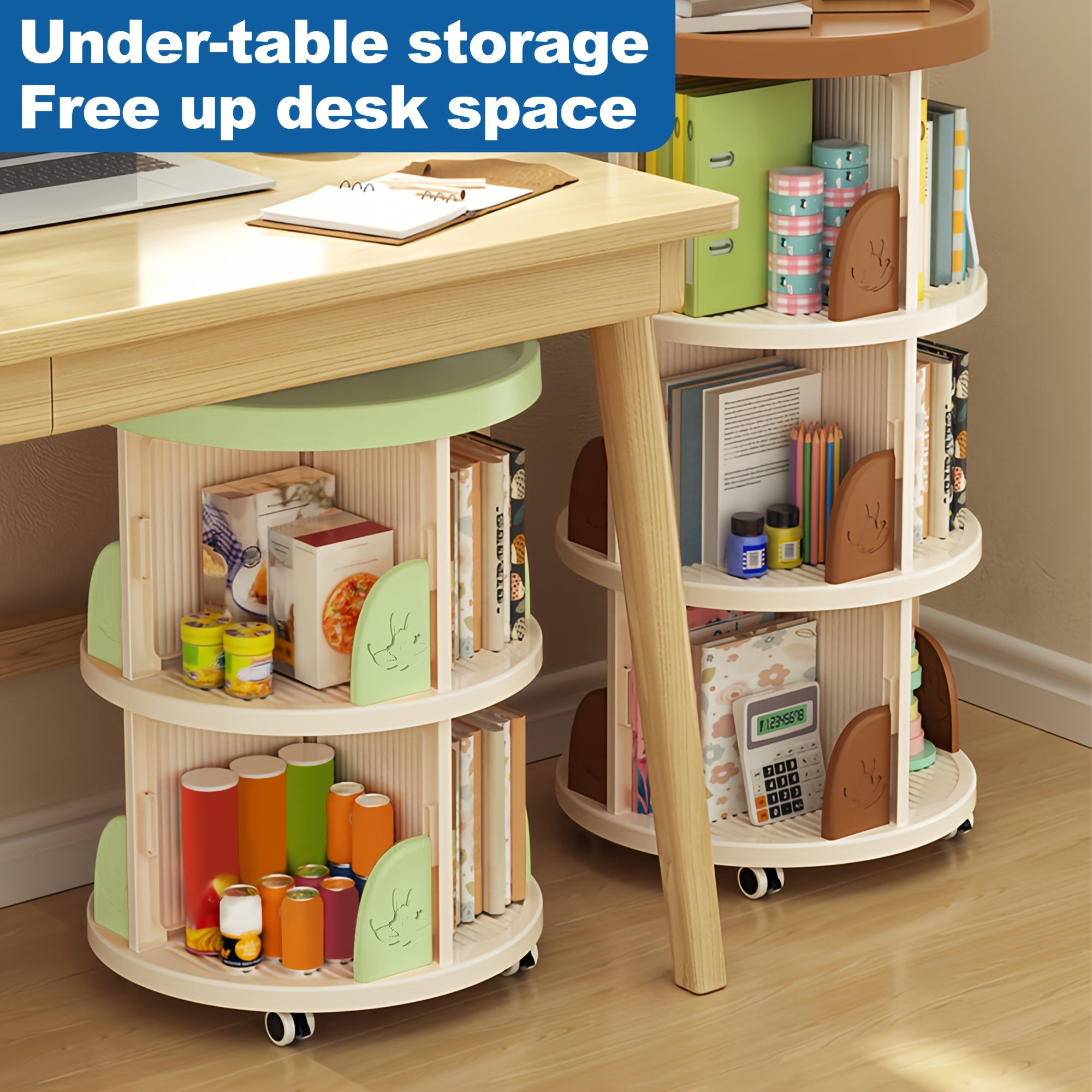 1pc Movable Bookcase, 2\u002F3 Tier Tableside Bookcase, Floor Desk Trolley On Wheels, Durable Book Storage Rack, Office School Supplies Storage Shelf, Green\u002FBrown, Suitable for Pencil Holder, Textbooks, Document Storage, Office Supplies Storage