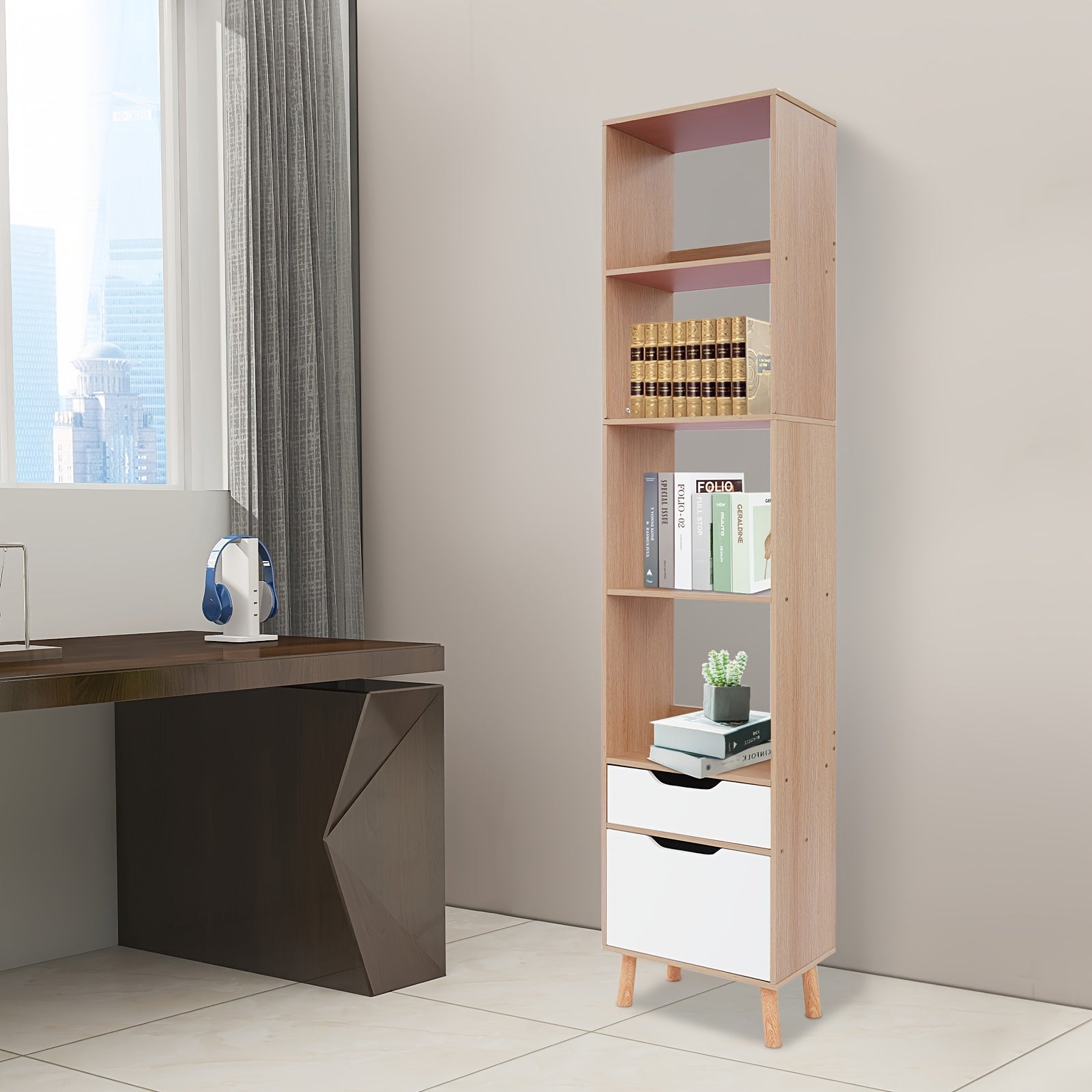 TFCFL 70.87inch Tall Oak Color Floor Standing Bookshelf with Drawers - Multi-Purpose Plastic Cabinet for Living Room, Office, Kitchen - Easy Assembly, No Metal Pipes, Versatile Storage Solution, Bookcase Furniture, Utility Racks