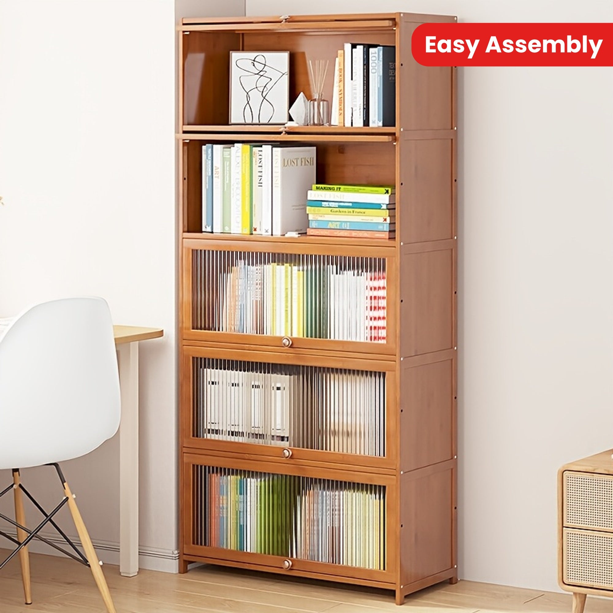Chic 4-Tier Wooden Bookcase with Clear Acrylic Doors - Versatile Storage Organizer for Home & Office, Easy Assembly