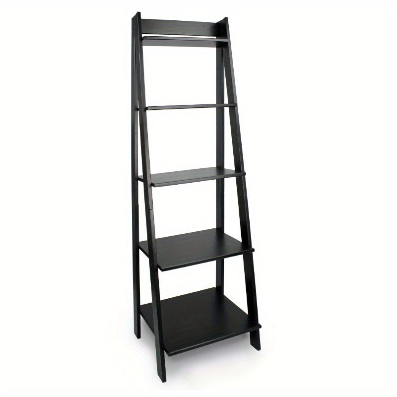 Solid Wood 5-Shelf Ladder Bookcase - Modern Black Bookshelf with Sturdy A-Frame Design, Space-Saving Vertical Storage for Home Office, Living Room, Dorm - Easy Assembly, Compact Bookcase for Small Spaces (Assembled Height \u003C27\