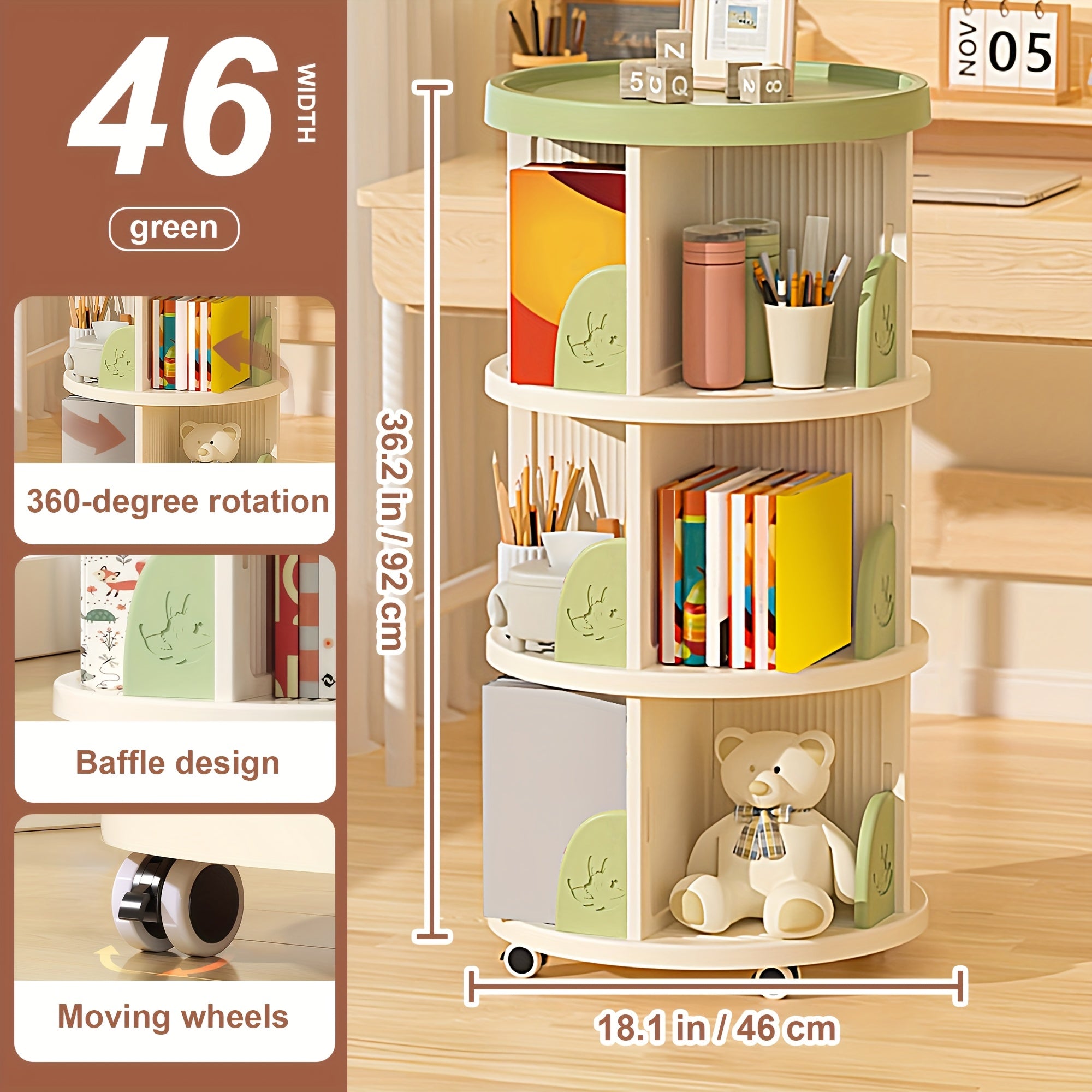 2\u002F3 Layer Swivel Bookshelves, 360° Rotatable Plastic Display Stands, Space Saving Design - Home Storage Shelf, Green\u002FBrown, Storage Shelf for Study, Bedroom, Living Room, Library, Etc.