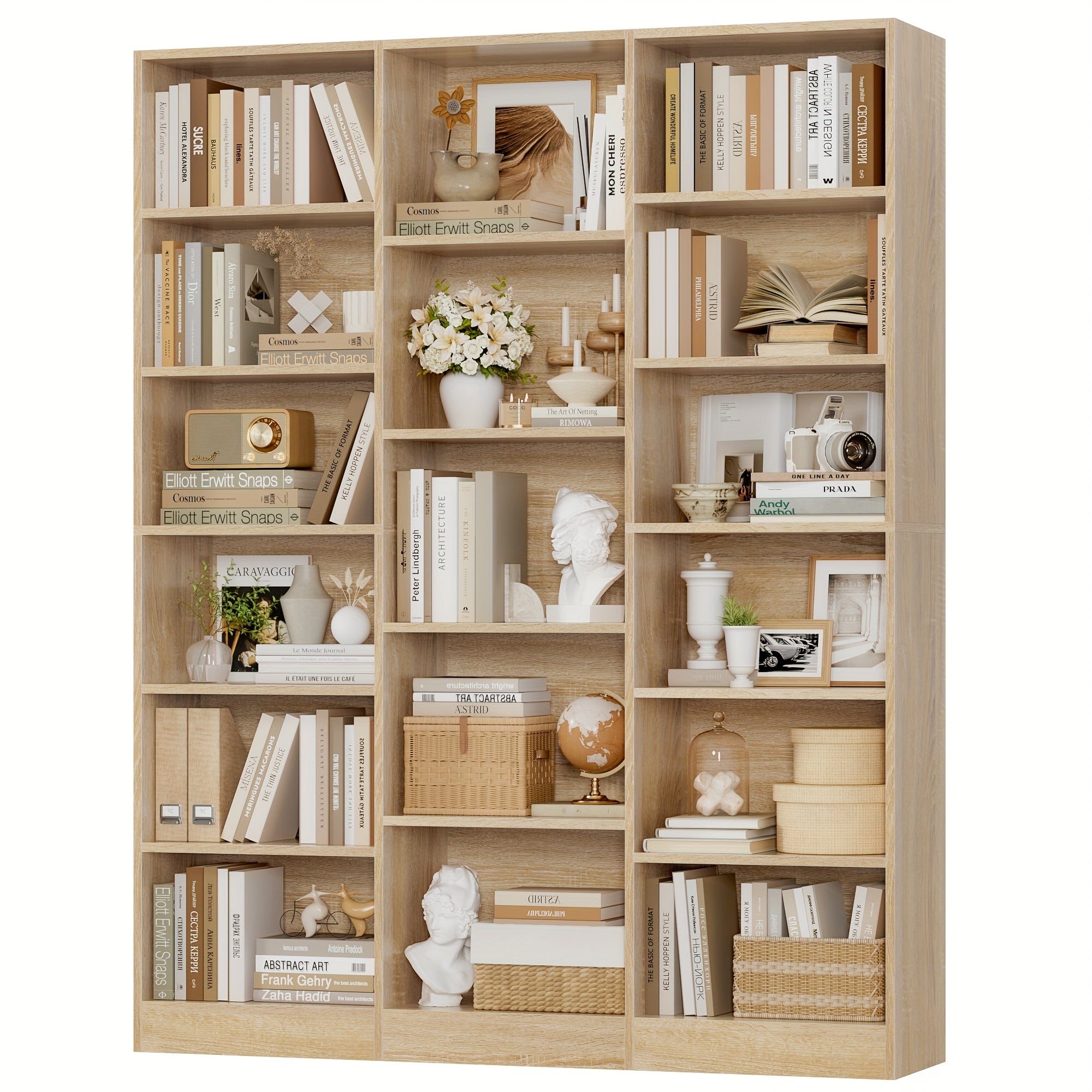 Triple Wide Bookshelf - 6-Tier 17-Shelf Solid Hardwood Bookcase, 74\