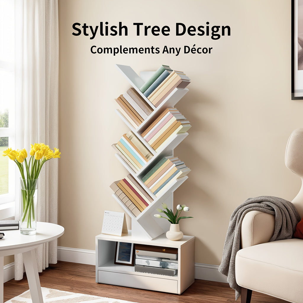 8-Tier Tall Wood Bookshelf with Drawer - Freestanding Vertical Space-Saving Design, Tip-Resistant Sturdy Wood Construction, 27\