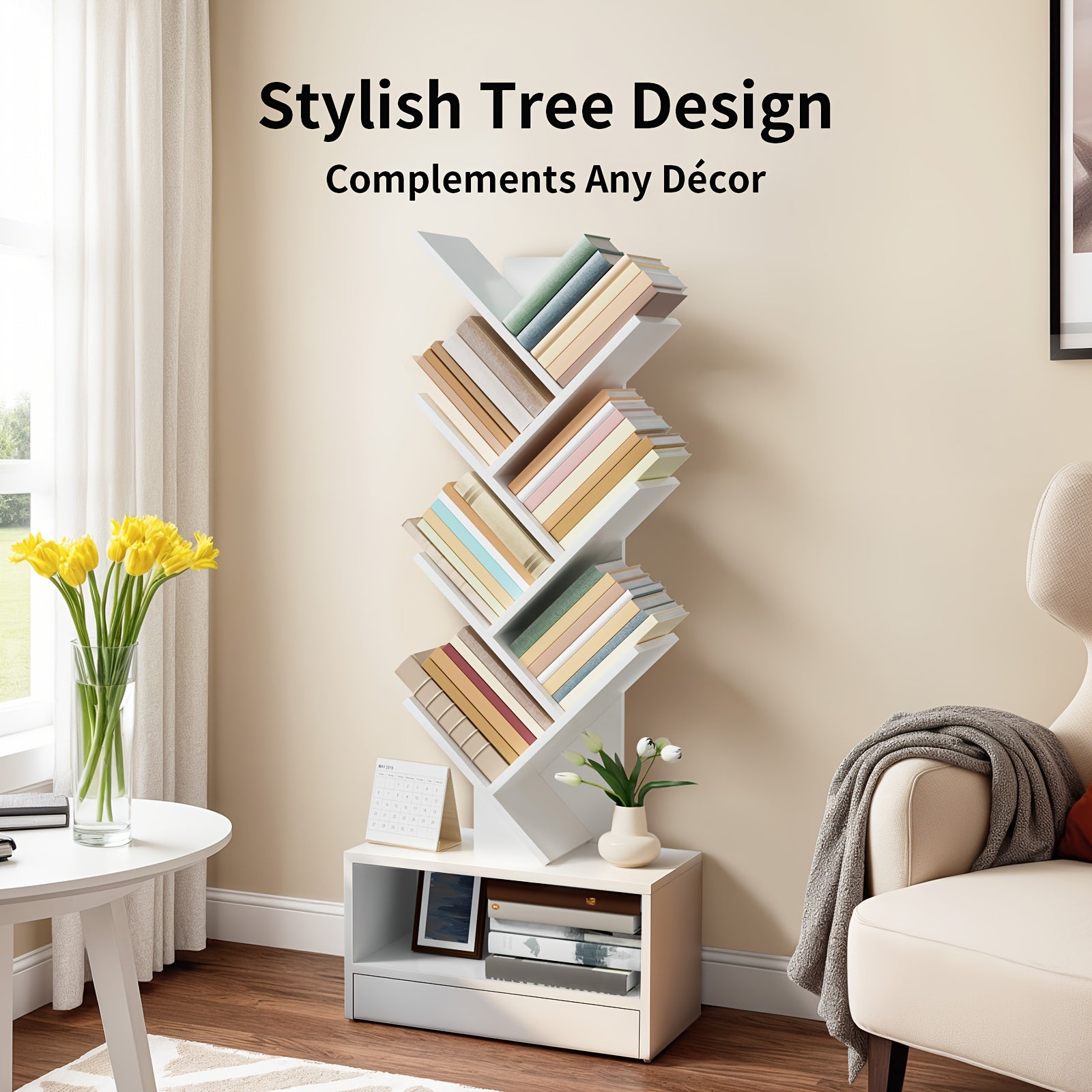 8-Tier Tall Wood Bookshelf with Drawer - Freestanding Vertical Space-Saving Design, Tip-Resistant Sturdy Wood Construction, 27\