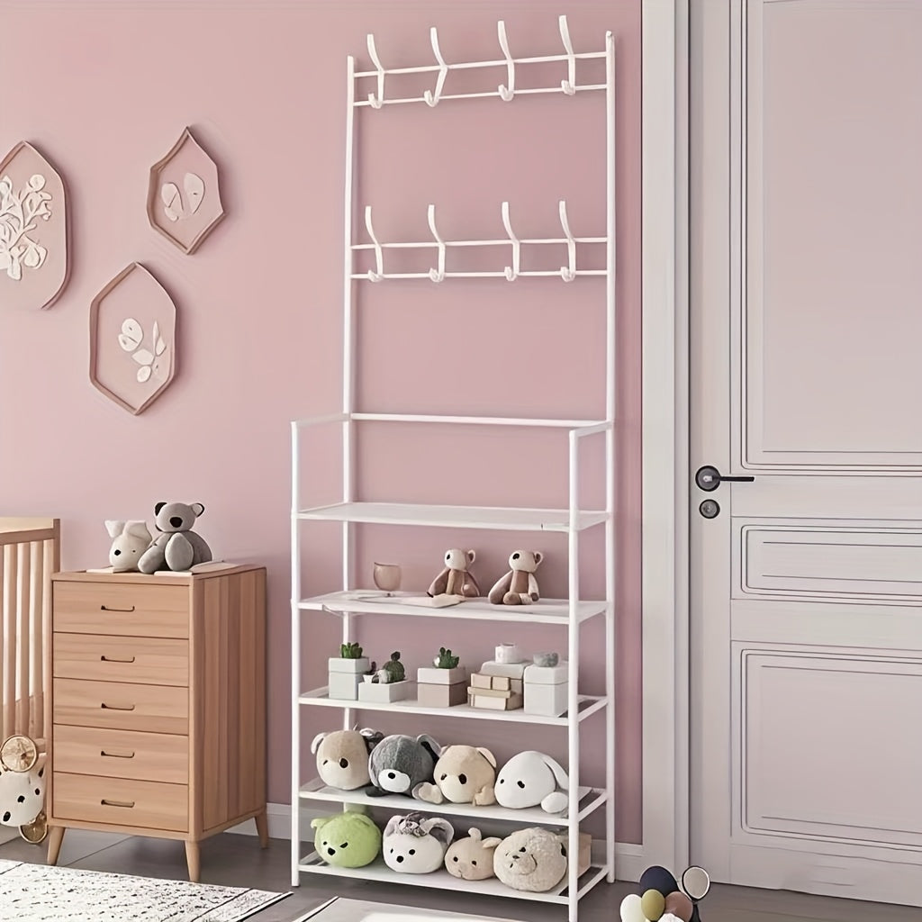 This 5-layer Multi-functional Storage Rack And Bookshelf Comes With 8 Hooks, With A Total Height Of 65 Inches. It Is Suitable For Toy Storage In Bedrooms And Living Rooms, Saving Space, Stabilizing The Structure, And Can Be Assembled By Yourself.