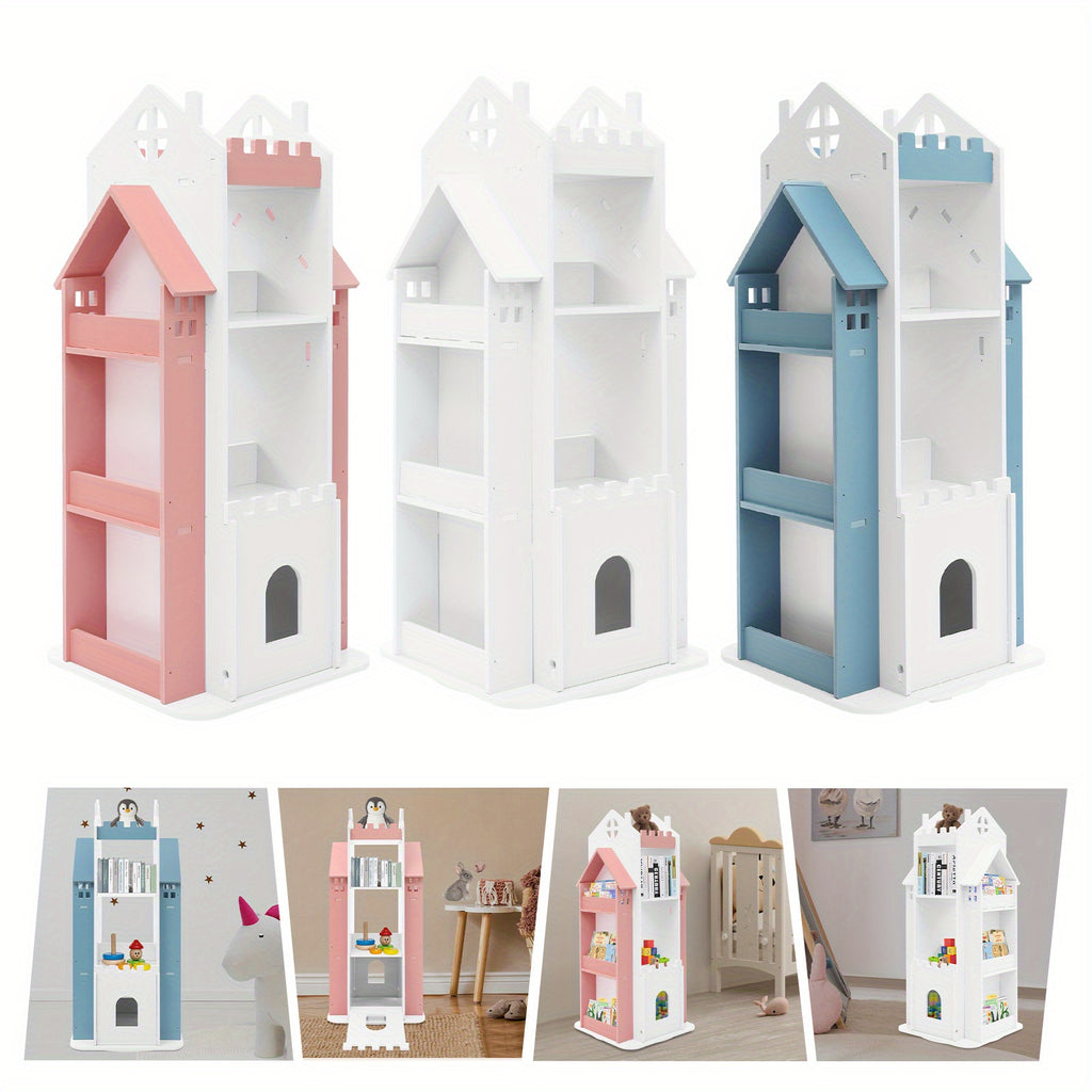 CNCEST 360° Rotating Bookshelf - Multi-Functional, Floor Standing Display for Living Room, Study, Bedroom, Library, Reading Room, School - Smooth Edges, Baffles, Assembly Required - Blue\u002FPink\u002FWhite Options, Bookshelf Decorations