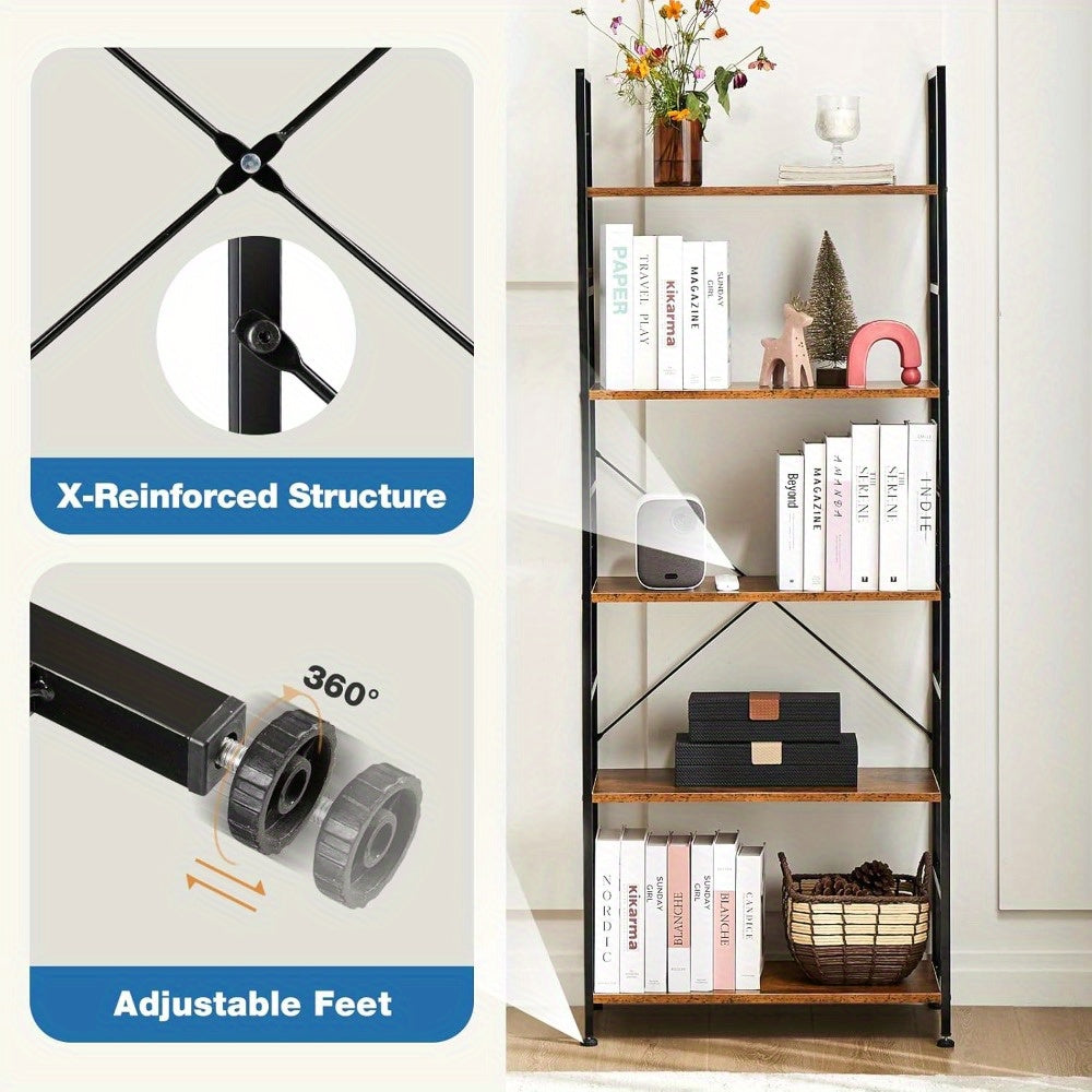 5-Story Bookcase-modern Wood And Metal Freestanding Display Stand, 27 Inch Tall Rustic Brown Storage Organizer, Suitable for Living Room, Home, Office-holds 150 Pounds, Needs Assembly, Bookcase Furnit