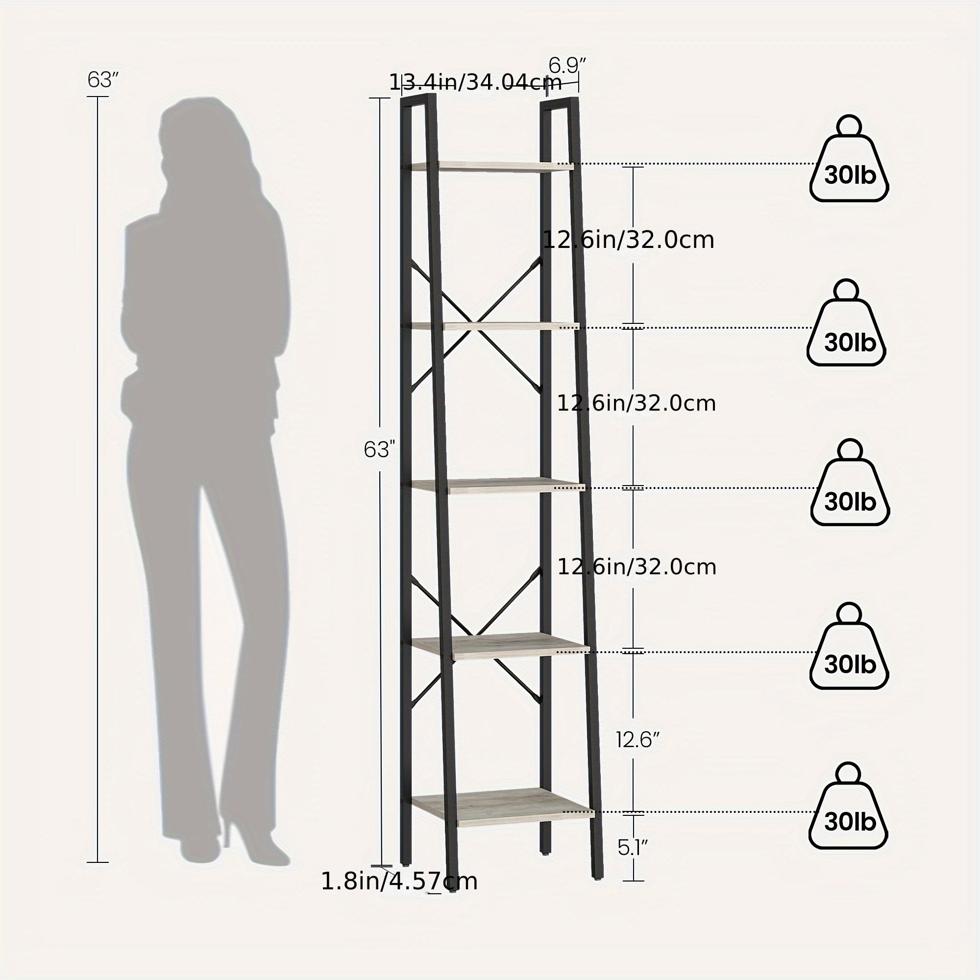 5-Tier Ladder Shelf, Narrow Bookshelf, Corner Storage Shelves, Freestanding Bookcase with 2 Hooks for Home Office, Living Room, Kitchen, Bedroom, Industrial, Greige and Black, Black, Utility Racks