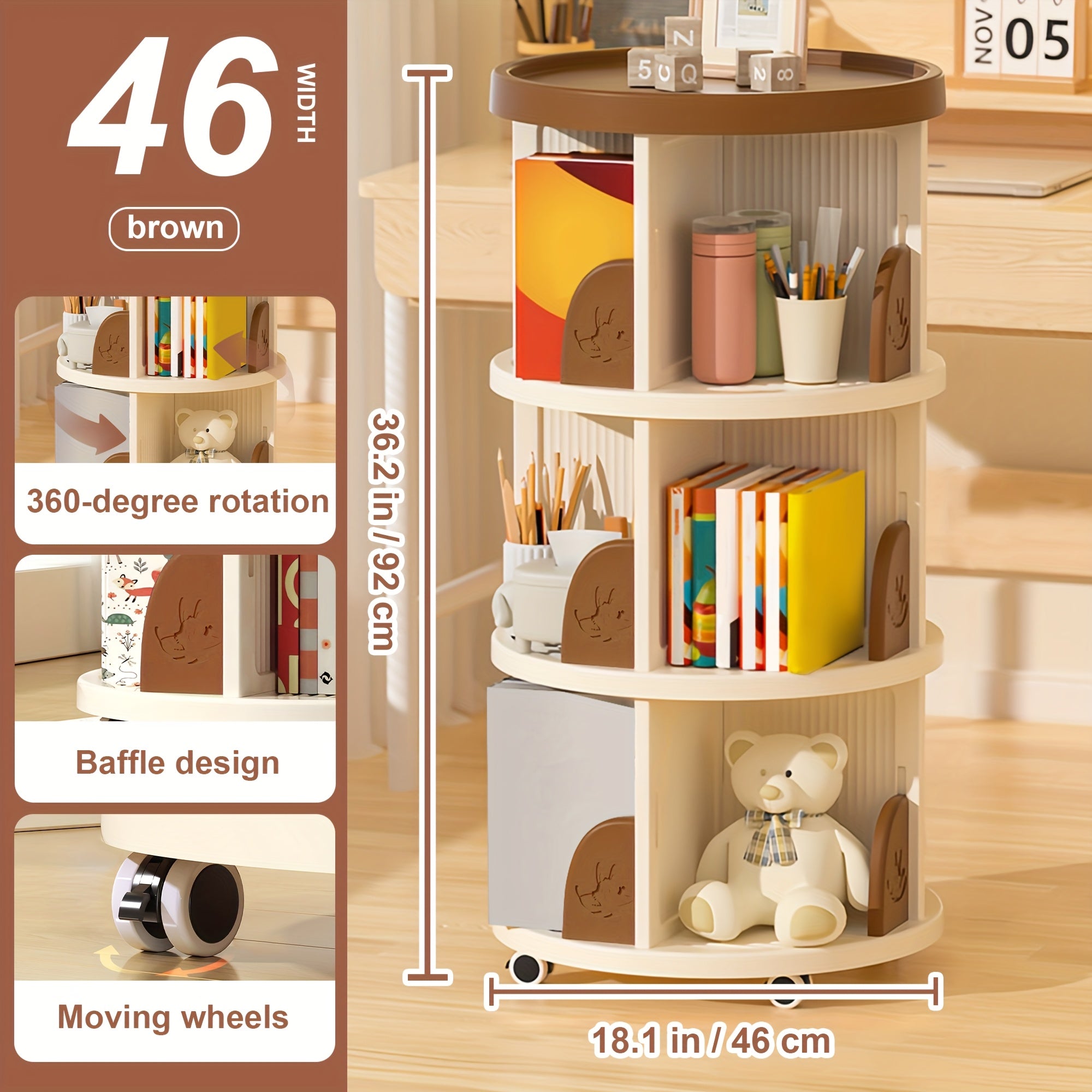 2\u002F3 Layer Swivel Bookshelves, 360° Rotatable Plastic Display Stands, Space Saving Design - Home Storage Shelf, Green\u002FBrown, Storage Shelf for Study, Bedroom, Living Room, Library, Etc.