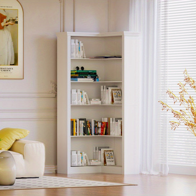 5-Tier Corner Bookshelf - Sturdy Durable Plastic Freestanding Storage Shelf, 32x32x73.8 Inch Space-Saving Design with 3.2 Cu Ft Capacity, Classic Style for Bedroom, Living Room, Study - Home Organization, Bookshelf Decor, Bedroom Organizer