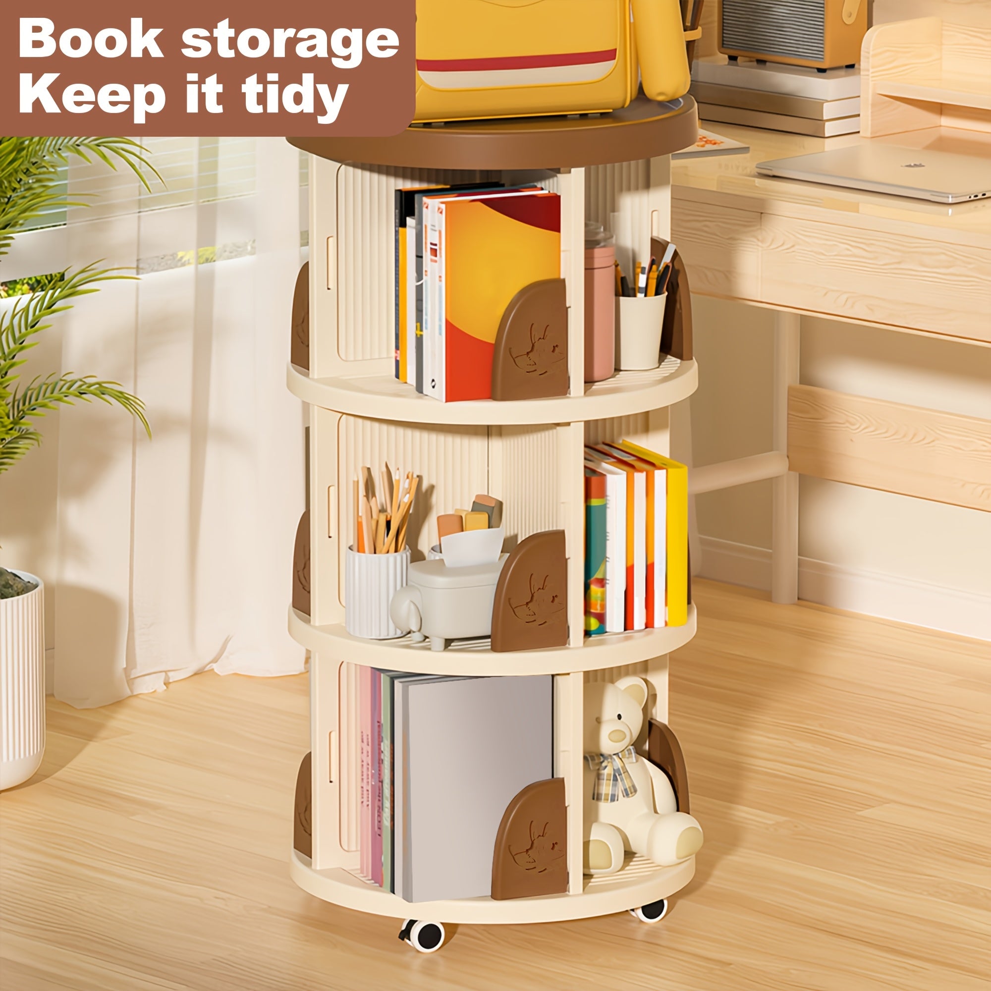 2\u002F3 Layer Swivel Bookshelves, 360° Rotatable Plastic Display Stands, Space Saving Design - Home Storage Shelf, Green\u002FBrown, Storage Shelf for Study, Bedroom, Living Room, Library, Etc.