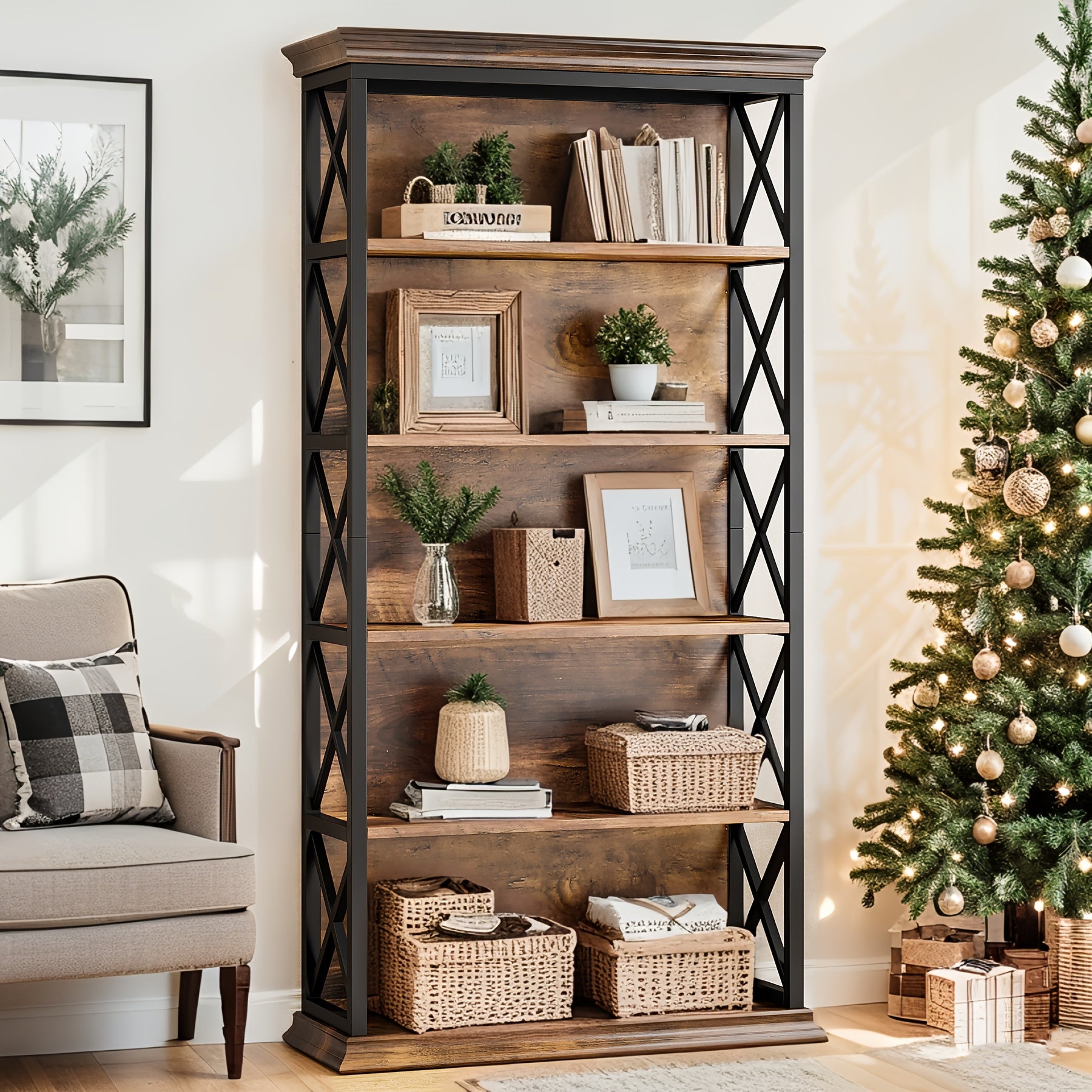 Industrial Bookshelves And Bookcases Floor Standing 6 Shelf Display Storage Shelves 70.87 In Tall Bookcase Home Decor Furniture For Home Office, Living Room, Bed Room