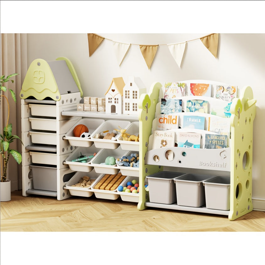 Extra Wide Kids Toy Storage Organizer with Bookcase - Large Heavy-Duty Toy Organizer, 13 Bins & 4 Box Storage, Space-Saving Bookshelf for Children's Bedroom, Playroom, Classroom - Easy-to-Clean Plastic Construction