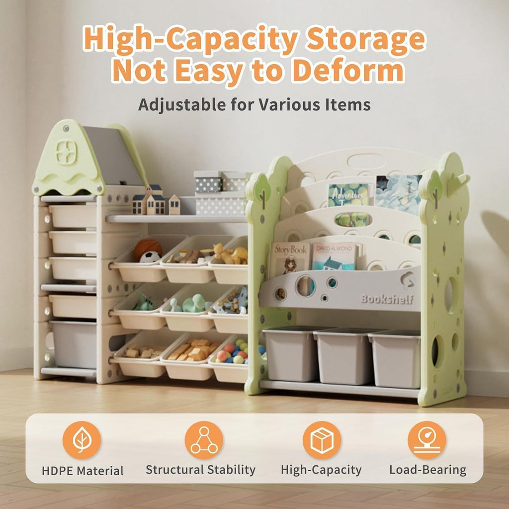 Storage Organizer with 17 Removable Bins, 4-Tier Bookshelf, Multi-Purpose Castle-Shaped Organizer for Playroom, Bedroom, Nursery, Living Room Storage Organizer (Green)