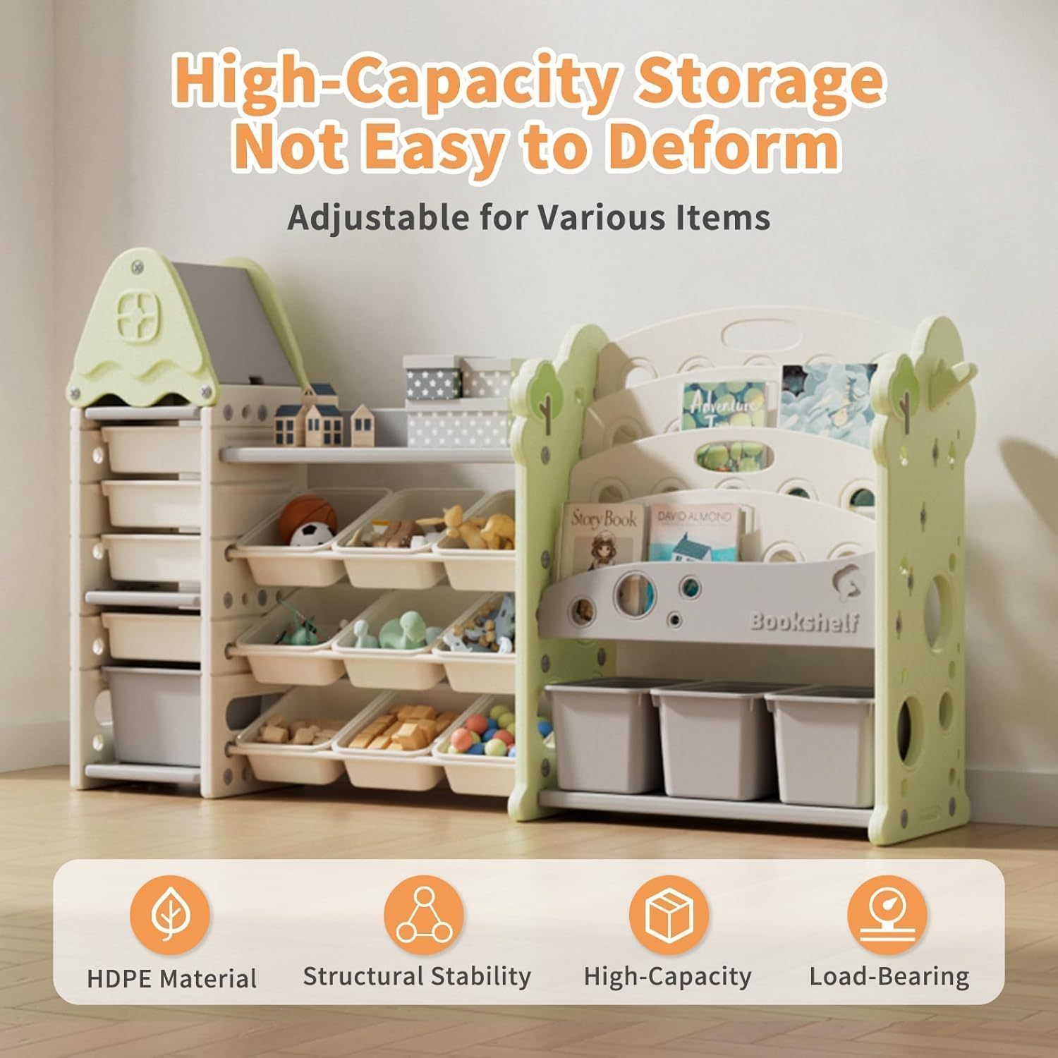 Storage Organizer with 17 Removable Bins, 4-Tier Bookshelf, Multi-Purpose Castle-Shaped Organizer for Playroom, Bedroom, Nursery, Living Room Storage Organizer (Green)