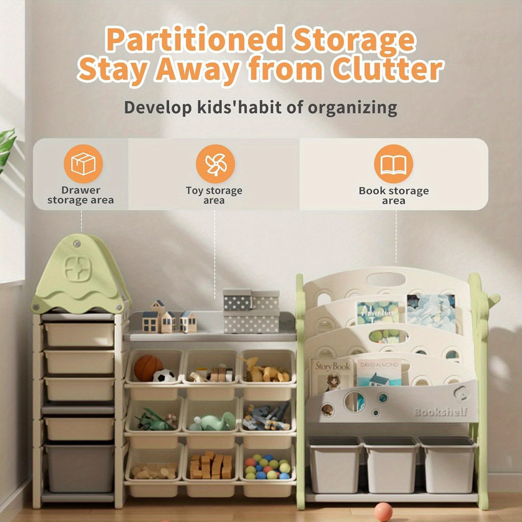 Storage Organizer with 17 Removable Bins, 4-Tier Bookshelf, Multi-Purpose Castle-Shaped Organizer for Playroom, Bedroom, Nursery, Living Room Storage Organizer (Green)