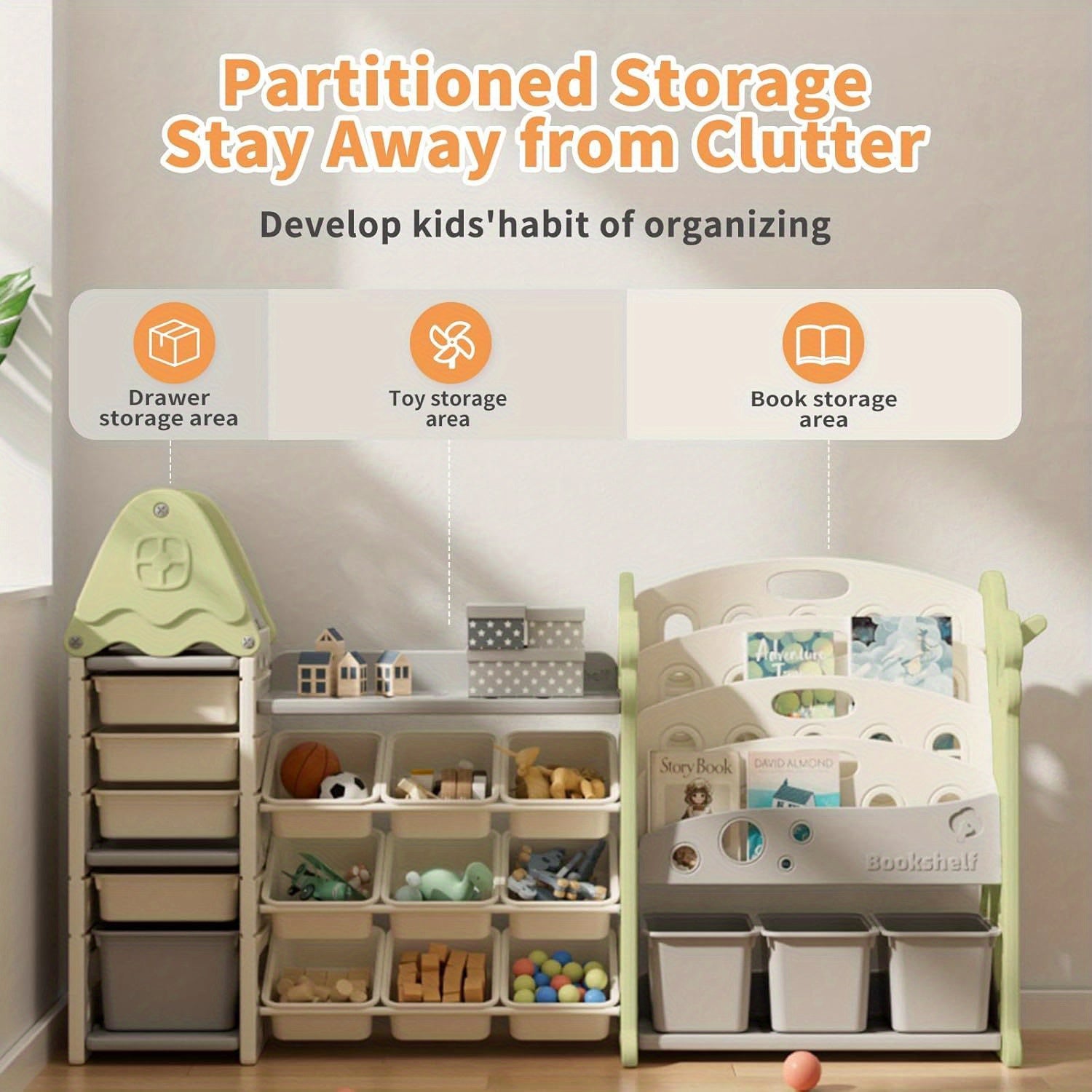 Storage Organizer with 17 Removable Bins, 4-Tier Bookshelf, Multi-Purpose Castle-Shaped Organizer for Playroom, Bedroom, Nursery, Living Room Storage Organizer (Green)