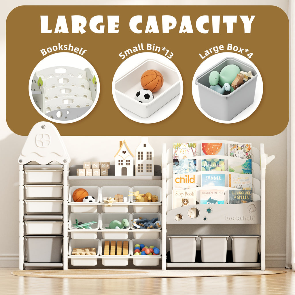Extra Wide Kids Toy Storage Organizer with Bookcase - Large Heavy-Duty Toy Organizer, 13 Bins & 4 Box Storage, Space-Saving Bookshelf for Children's Bedroom, Playroom, Classroom - Easy-to-Clean Plastic Construction
