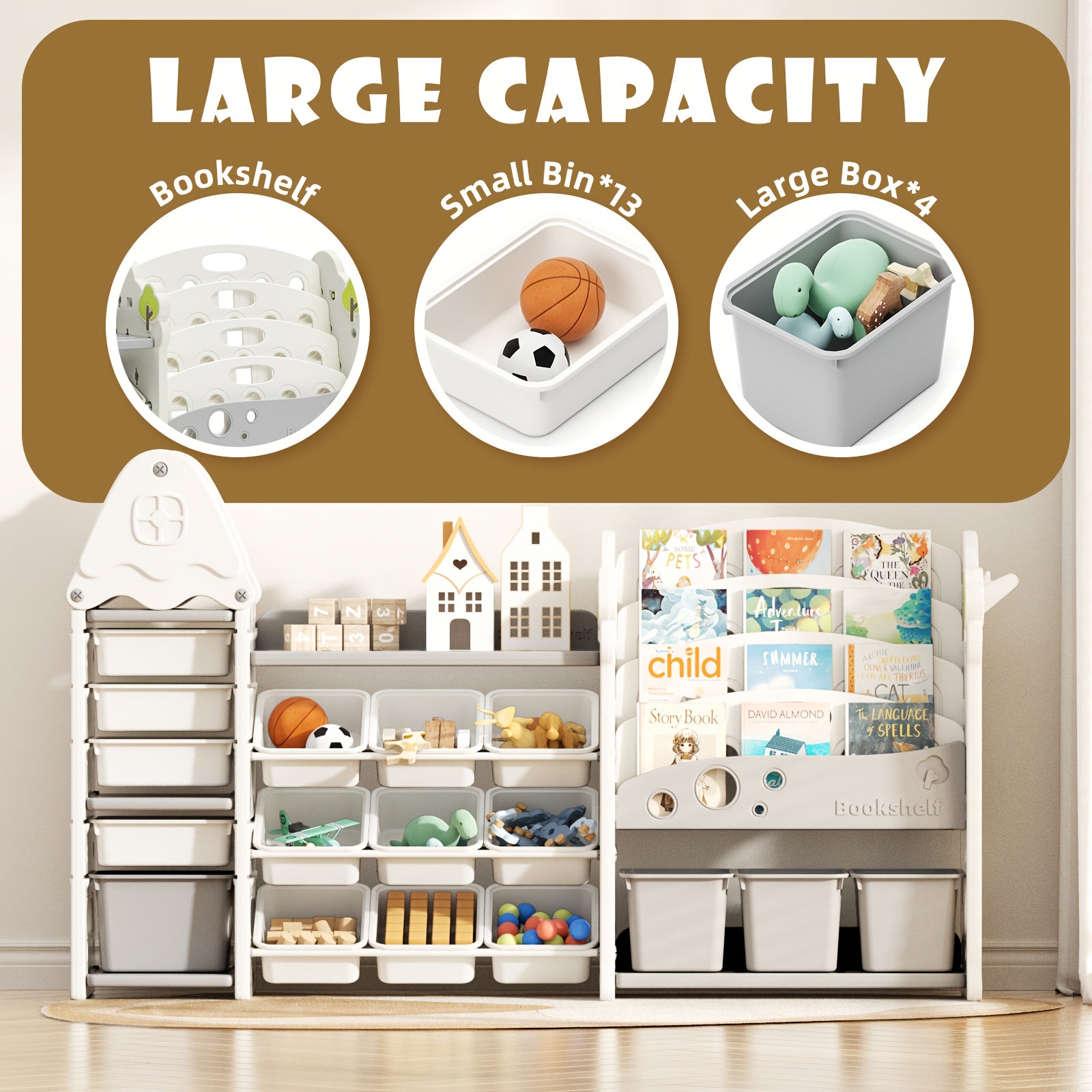 Extra Wide Kids Toy Storage Organizer with Bookcase - Large Heavy-Duty Toy Organizer, 13 Bins & 4 Box Storage, Space-Saving Bookshelf for Children's Bedroom, Playroom, Classroom - Easy-to-Clean Plastic Construction