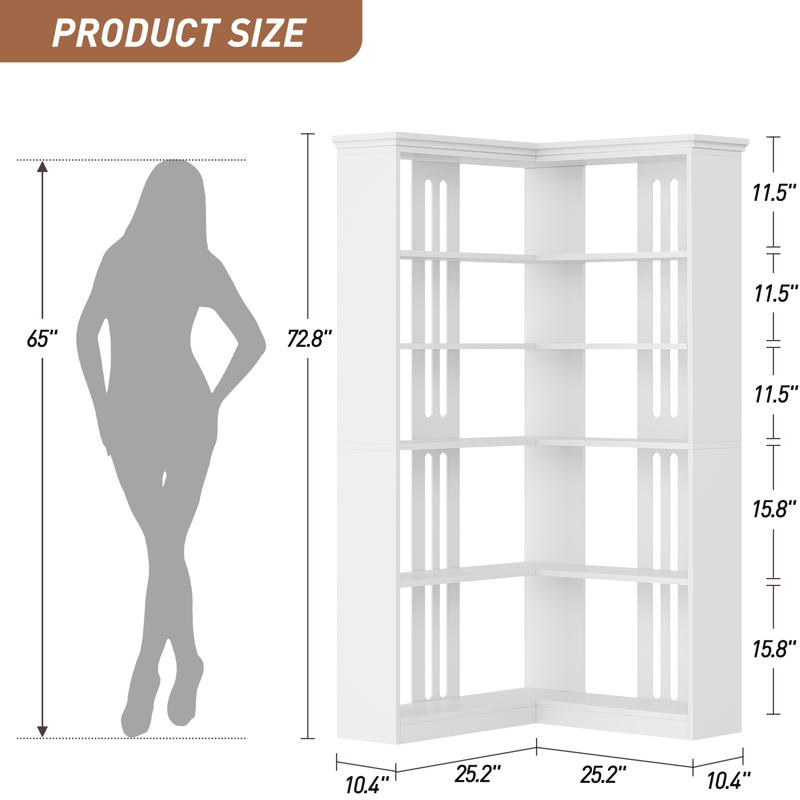 Cabihome 72. 8 Inch L-Shaped Corner Bookcase, 5-Layer Large Modern Bookshelf, Vertical Bookcase, Floor-standing Display Cabinet Storage Rack for Home Office, Living Room, Hallway, Study, Bedroom (White\u002F Vintage Color)