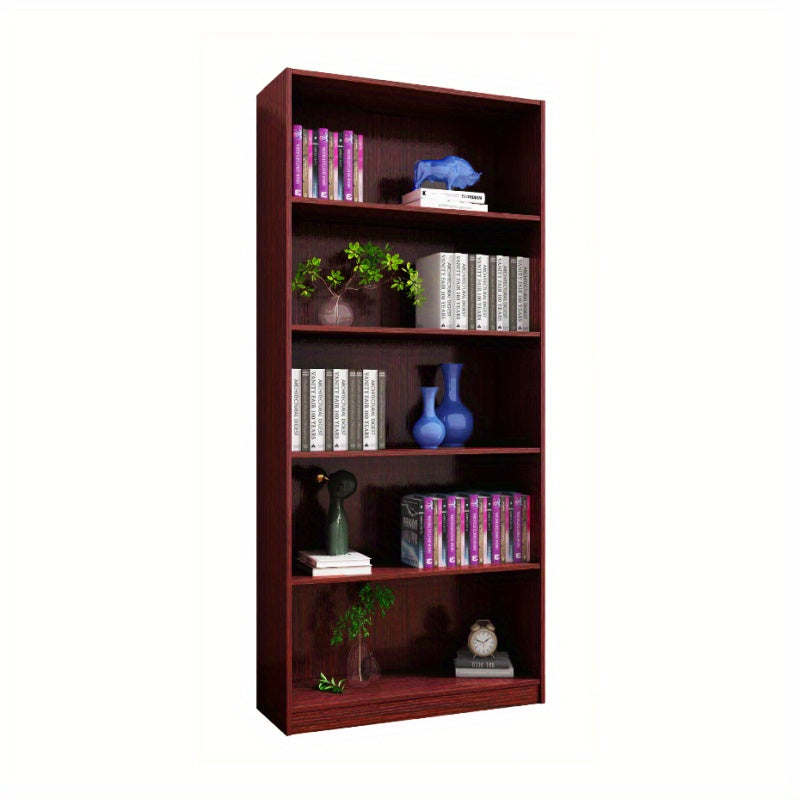 5-Shelf Plastic Bookcase Display Cabinet with Mahogany Finish & Bottom Front Molding - Classic Freestanding Storage Unit, 27\