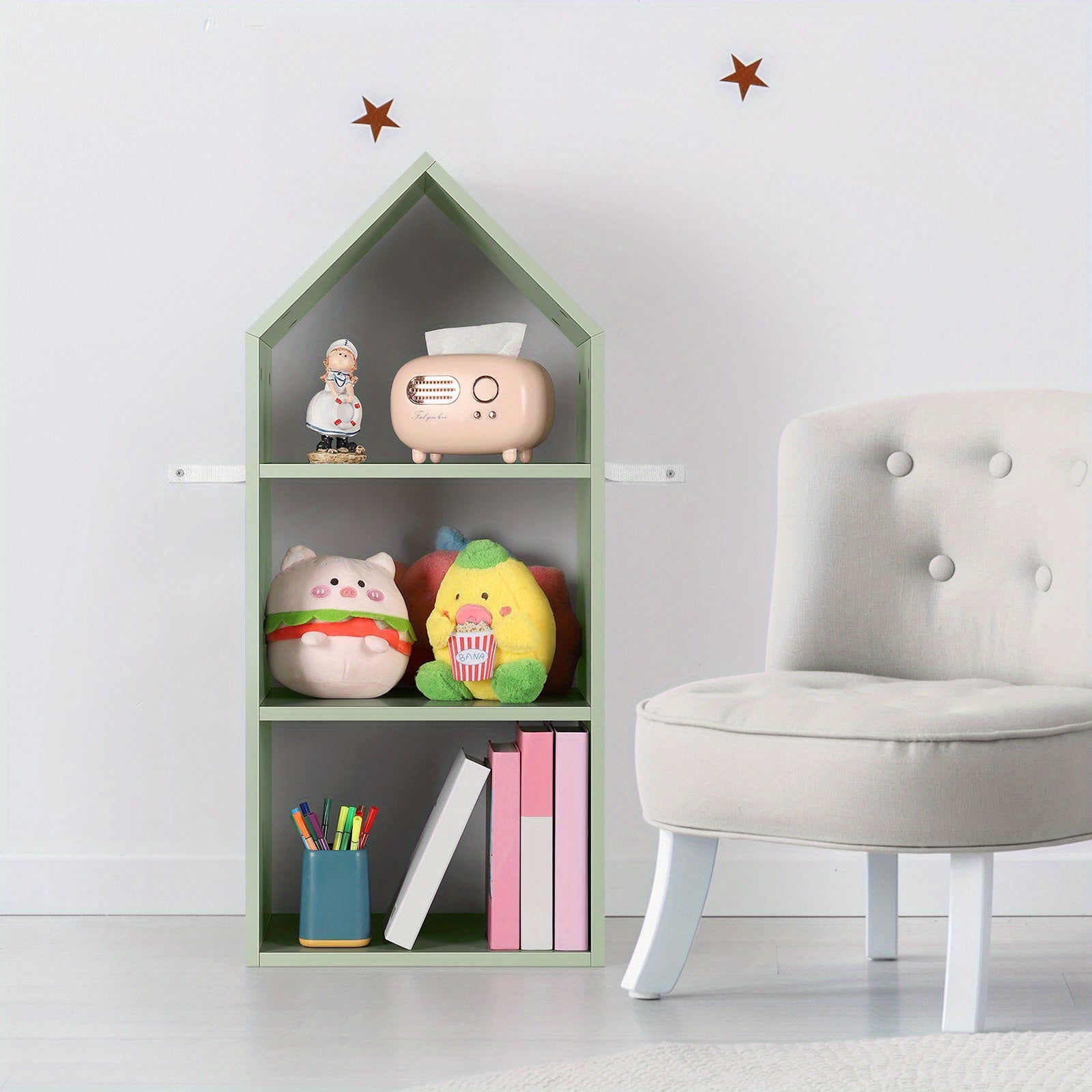 Green Triangle House Bookcase. Family Bookshelf, Toy Triple Organizer. Picture Bookshelf, Multi-tier Organizer. Short Bookshelf, Living Room Bookshelf, Reading Bookshelf., Standing Shelf