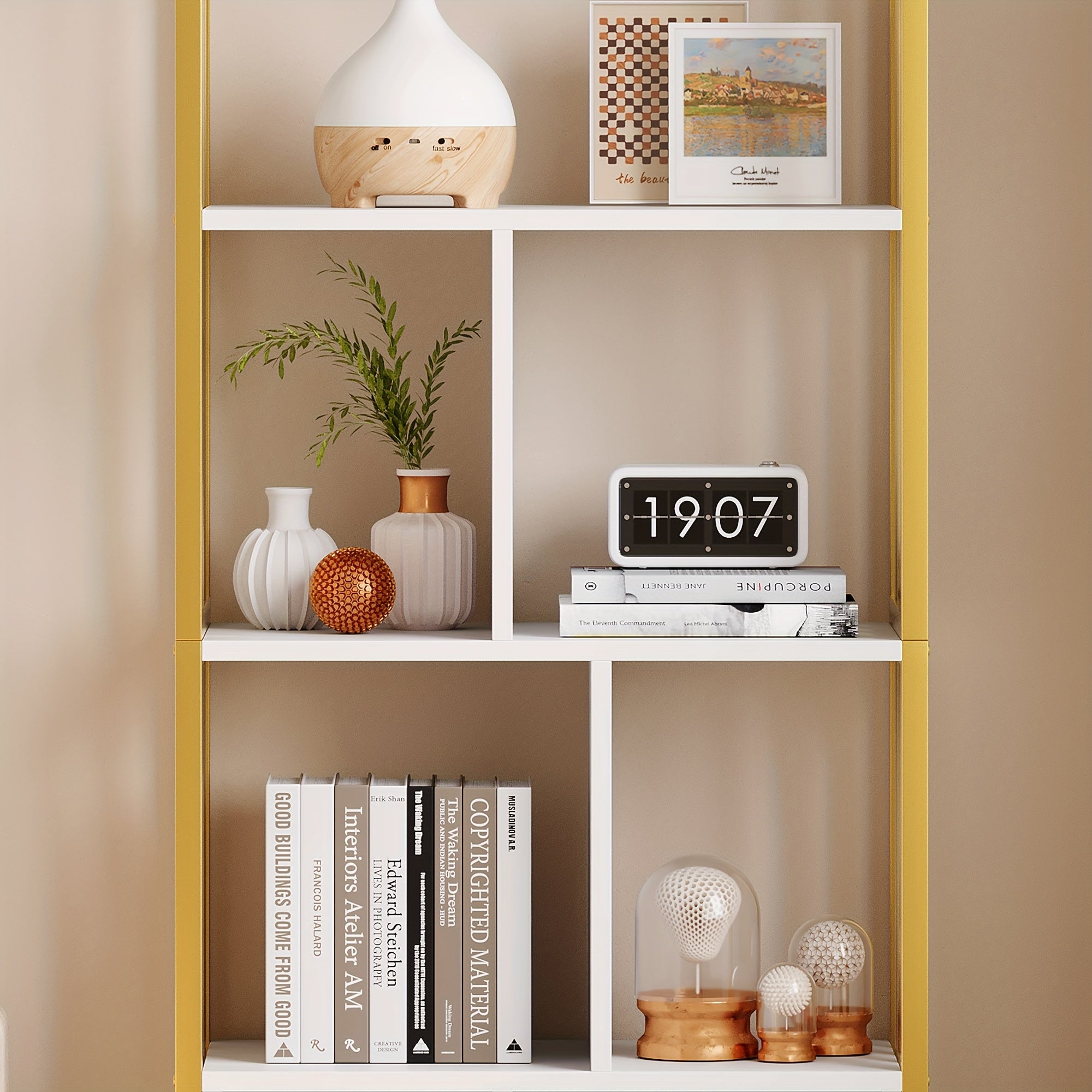 Bookshelf And Bookcase with Storage Cabinet And 2 Drawers, White And Golden Bookshelf, Standing 5 Tiers Book Shelves Display Rack with Doors for Bedroom Living Room Office, Golden