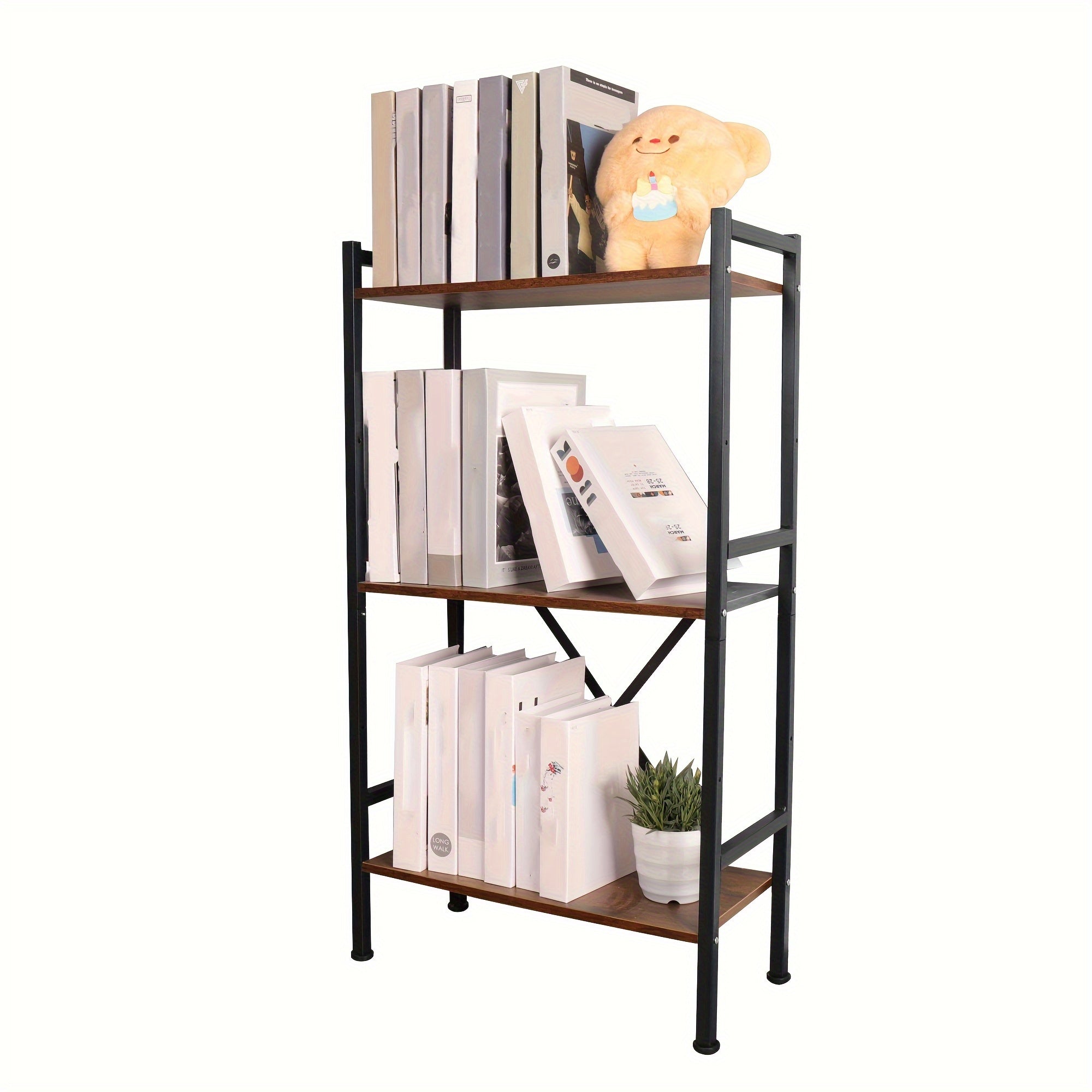 3-Tier Adjustable Metal Bookshelf with X-Shaped Reinforced Frame - Freestanding, Easy to Assemble, Space-Saving Design for Study, Office, or Home Use, Black, Bookshelf Furniture, Modern Bookshelf, Sturdy Construction, Durable Bookshelf, Book Lovers