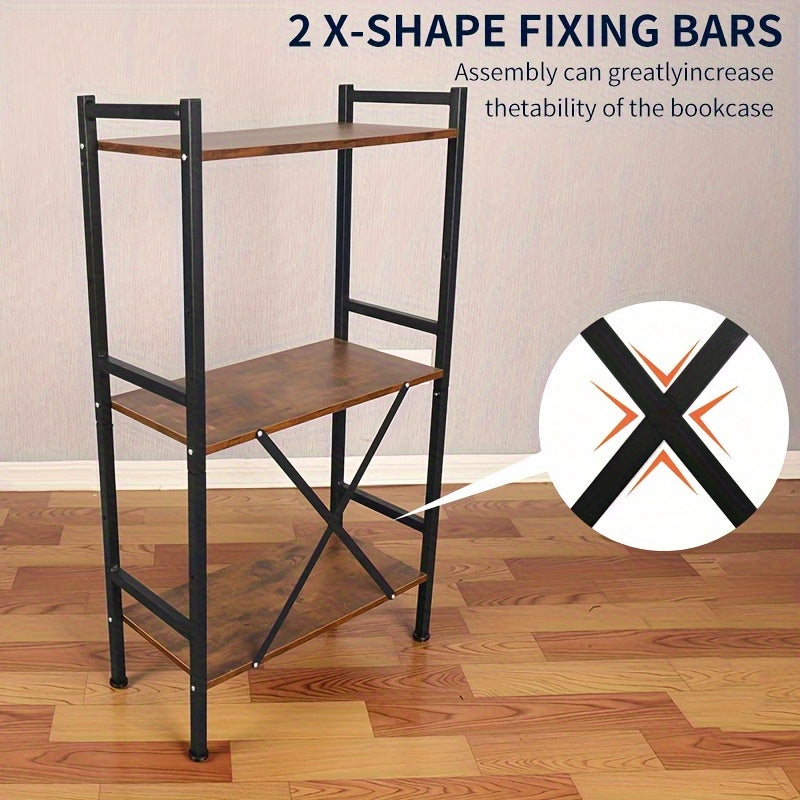 3-Tier Adjustable Metal Bookshelf with X-Shaped Reinforced Frame - Freestanding, Easy to Assemble, Space-Saving Design for Study, Office, or Home Use, Black, Bookshelf Furniture, Modern Bookshelf, Sturdy Construction, Durable Bookshelf, Book Lovers