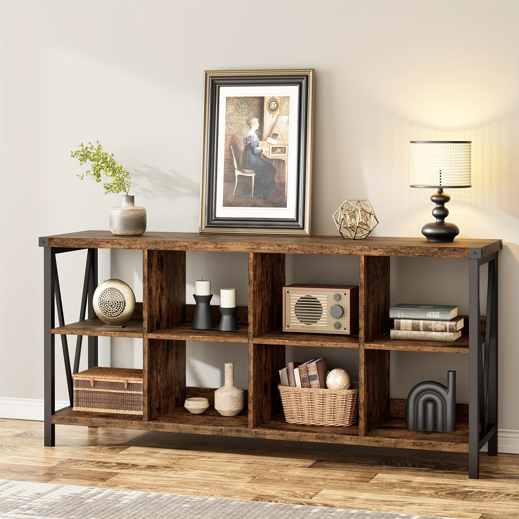 8 Cube Storage Organizer Bookshelf, 3 Tier Metal Horizontal Bookcase, 62 Inch Console Bookshelves, Industrial Storage Bookcase For Entryway, Long Low Bookshelf For Living Room-Retro Gray