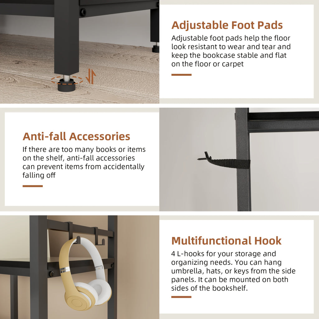 Reversible Corner Bookcase with 5 Layers, 4 Hooks, 65 Inch Industrial Style Bookcase, Suitable for Living Room