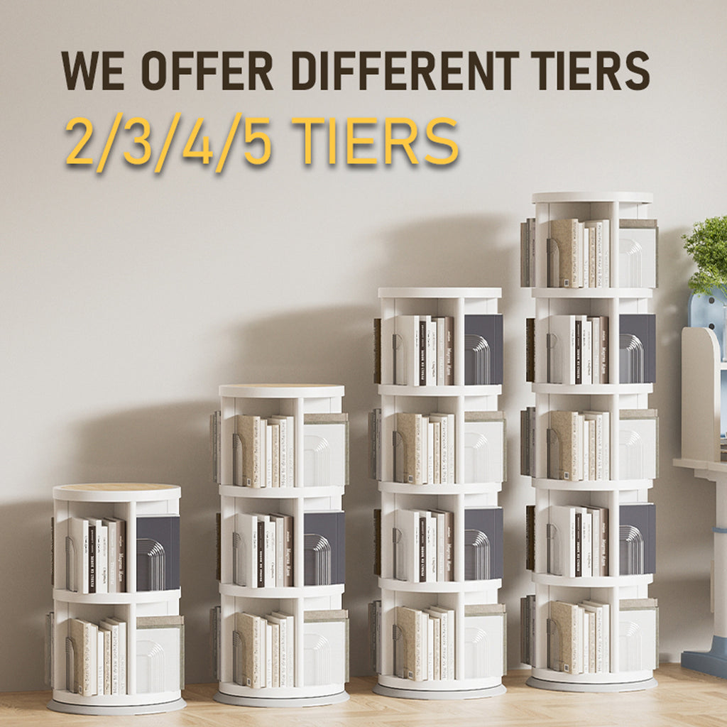 360° Rotating Bookshelf, 2\u002F3\u002F4\u002F5-Tier Space-Saving Book Organizer, 360° Swivel Storage Shelf for Living Room, Bedroom, Office, Durable and Modern Design, Easy to Assemble