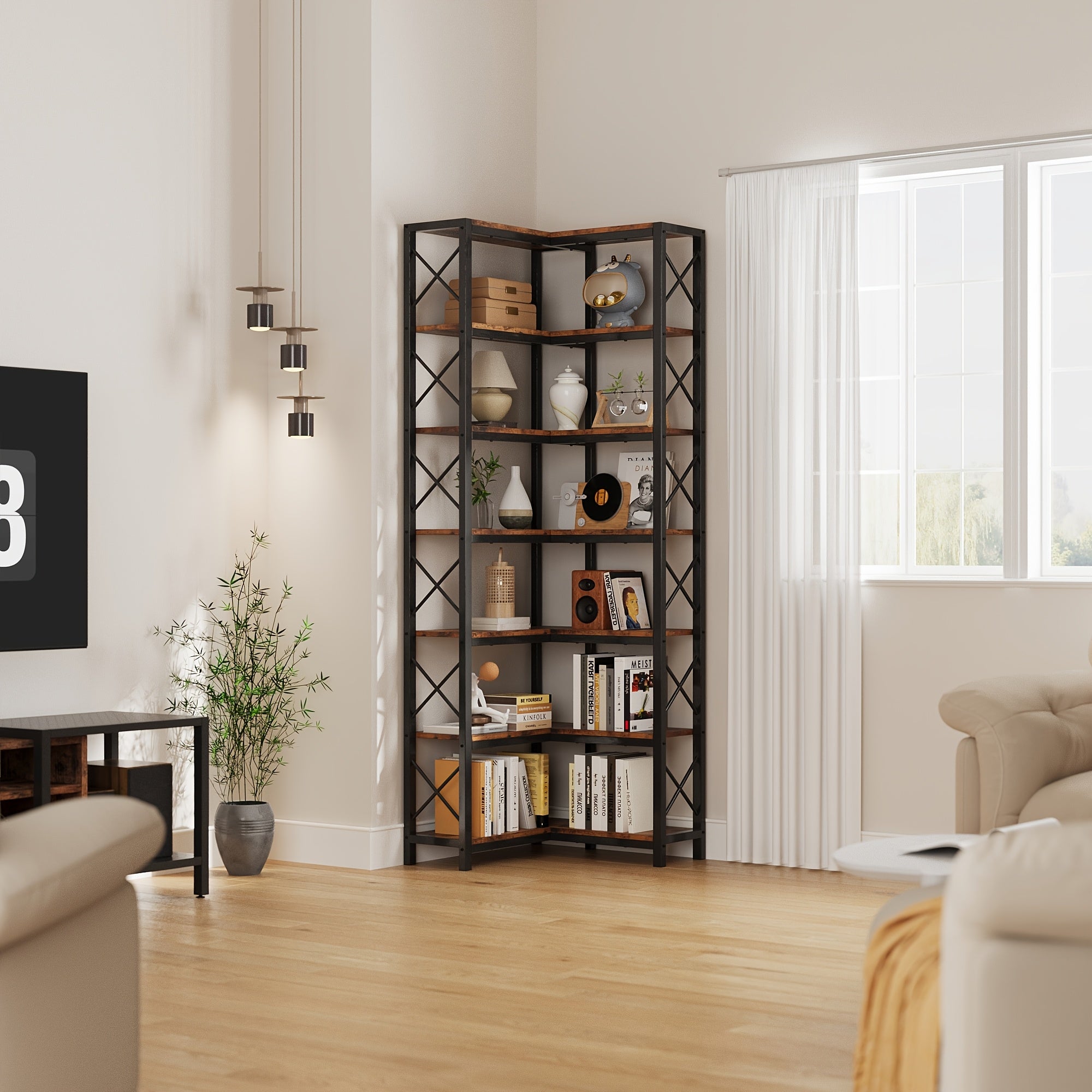 Industrial 7-Tier Corner Bookshelf, Multipurpose Metal and Wood Overhead Mounted Storage Display Rack, with Tiered Shelves for Living Room, Home Office, Utility Racks