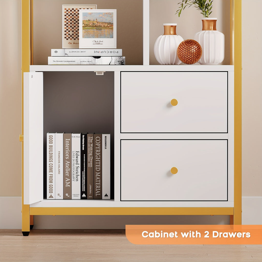 Bookshelf And Bookcase with Storage Cabinet And 2 Drawers, White And Golden Bookshelf, Standing 5 Tiers Book Shelves Display Rack with Doors for Bedroom Living Room Office, Golden
