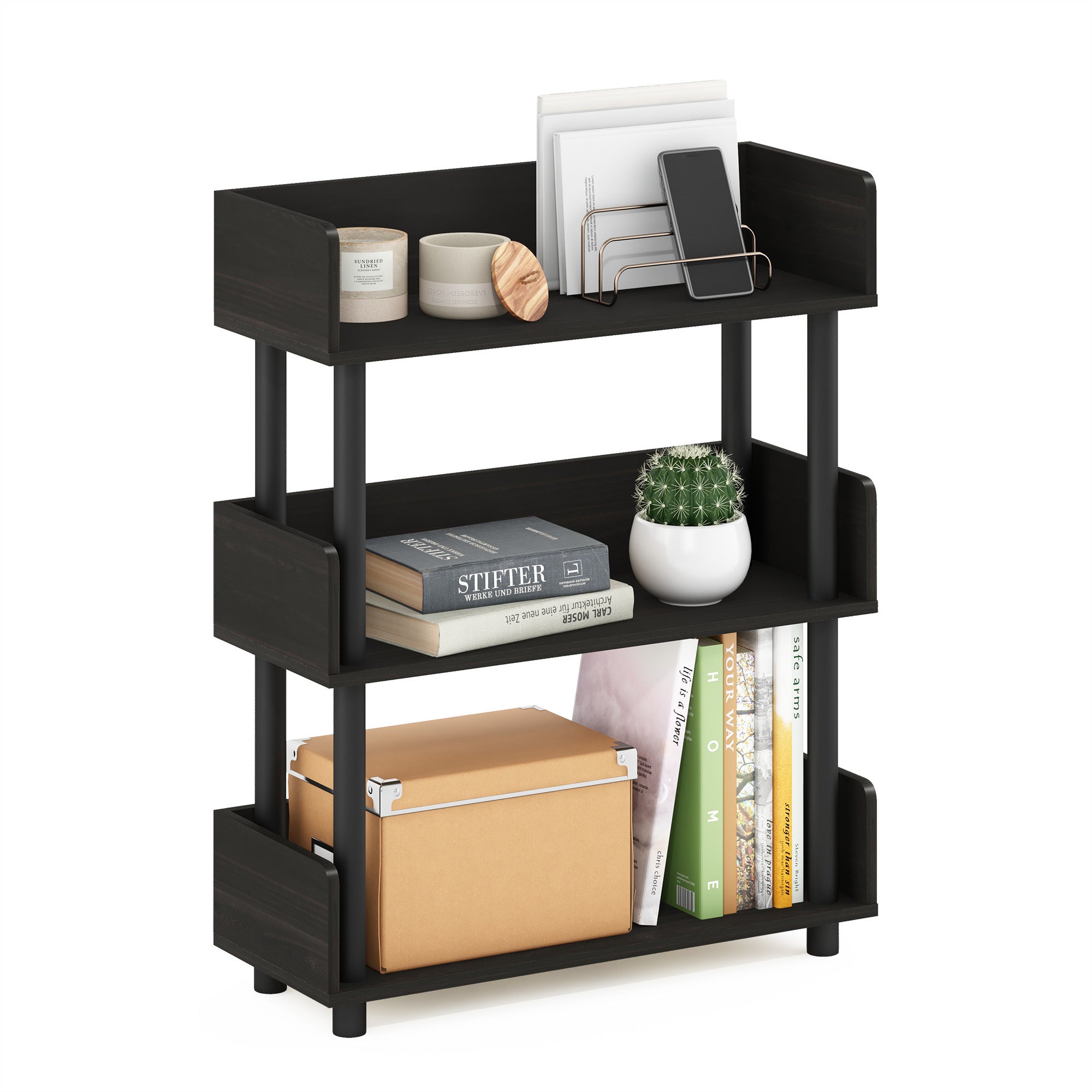 Turn-N-Tube 3-Tier Freestanding Multipurpose Display Rack, Bookshelf, Espresso, Home Storage