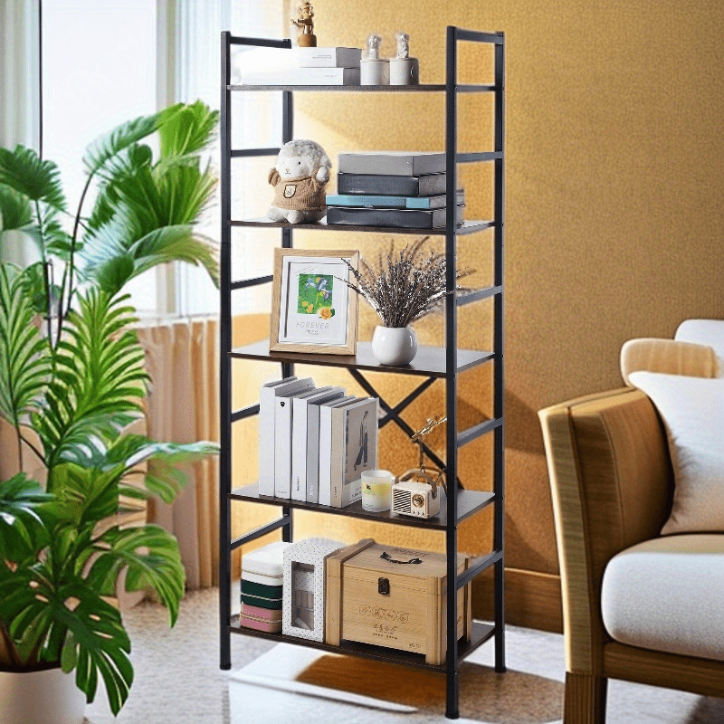 5-Story Bookcase-modern Wood And Metal Freestanding Display Stand, 27 Inch Tall Rustic Brown Storage Organizer, Suitable for Living Room, Home, Office-holds 150 Pounds, Needs Assembly, Bookcase Furnit