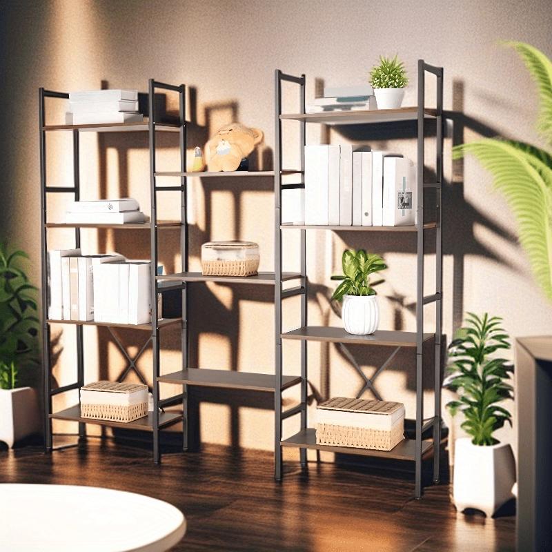 5-Story Bookcase-modern Wood And Metal Freestanding Display Stand, 27 Inch Tall Rustic Brown Storage Organizer, Suitable for Living Room, Home, Office-holds 150 Pounds, Needs Assembly, Bookcase Furnit