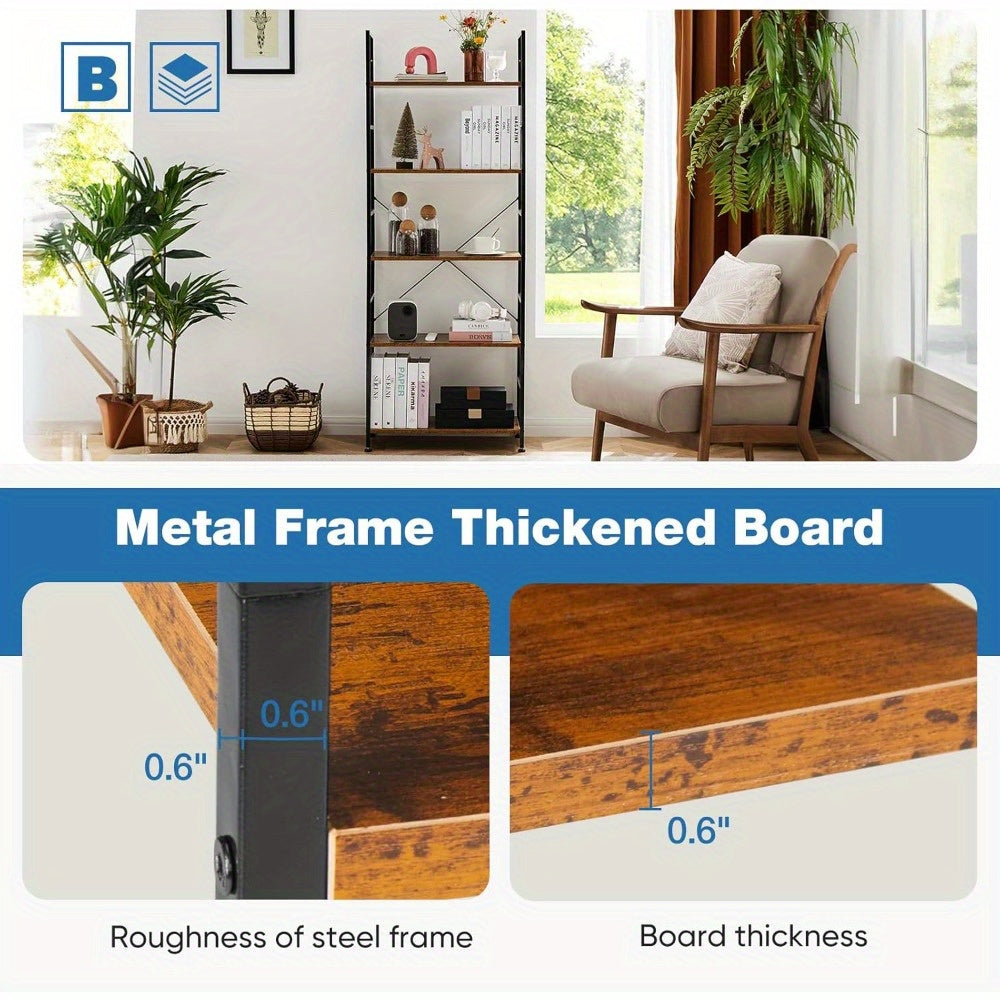 5-Story Bookcase-modern Wood And Metal Freestanding Display Stand, 27 Inch Tall Rustic Brown Storage Organizer, Suitable for Living Room, Home, Office-holds 150 Pounds, Needs Assembly, Bookcase Furnit