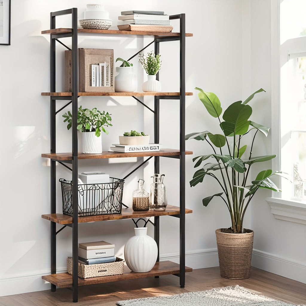 Five Layer Industrial Style Bookshelf - Retro Brown And Black Metal Frame, Stable Design, High-quality, Easy To Clean, Suitable For Offices, And Study Rooms - Easy To Assemble-Bookshelf