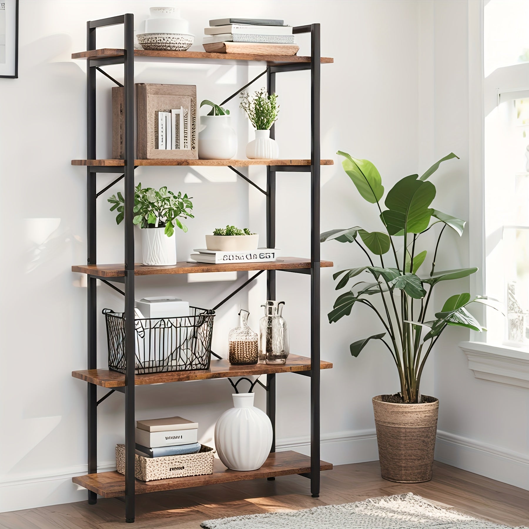 Five Layer Industrial Style Bookshelf - Retro Brown And Black Metal Frame, Stable Design, High-quality, Easy To Clean, Suitable For Offices, And Study Rooms - Easy To Assemble-Bookshelf