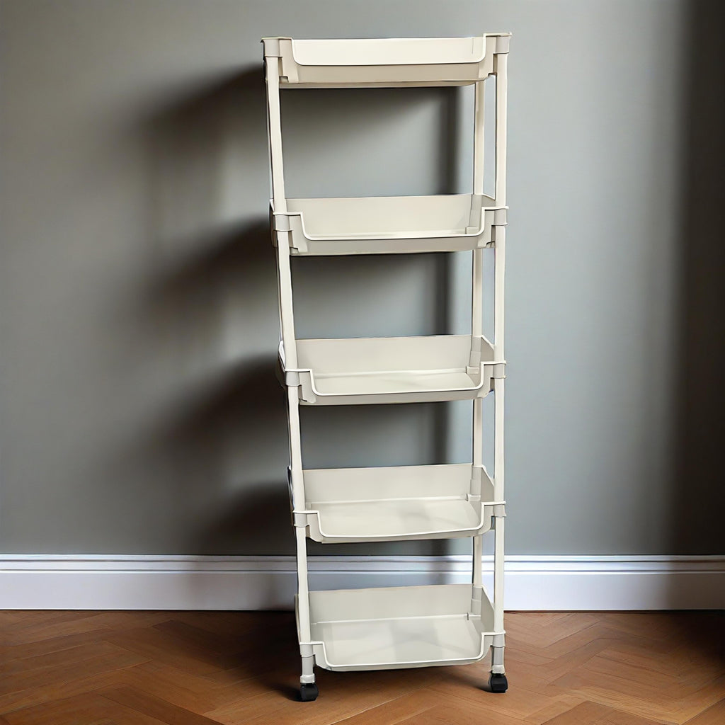 5-Tier Rolling Bookshelf with Wheels - Easy Assembly Plastic Storage Rack for Books, Tools & Household Items - Perfect for Bedroom, Bathroom, Kitchen & Living Room, Utility Shelves
