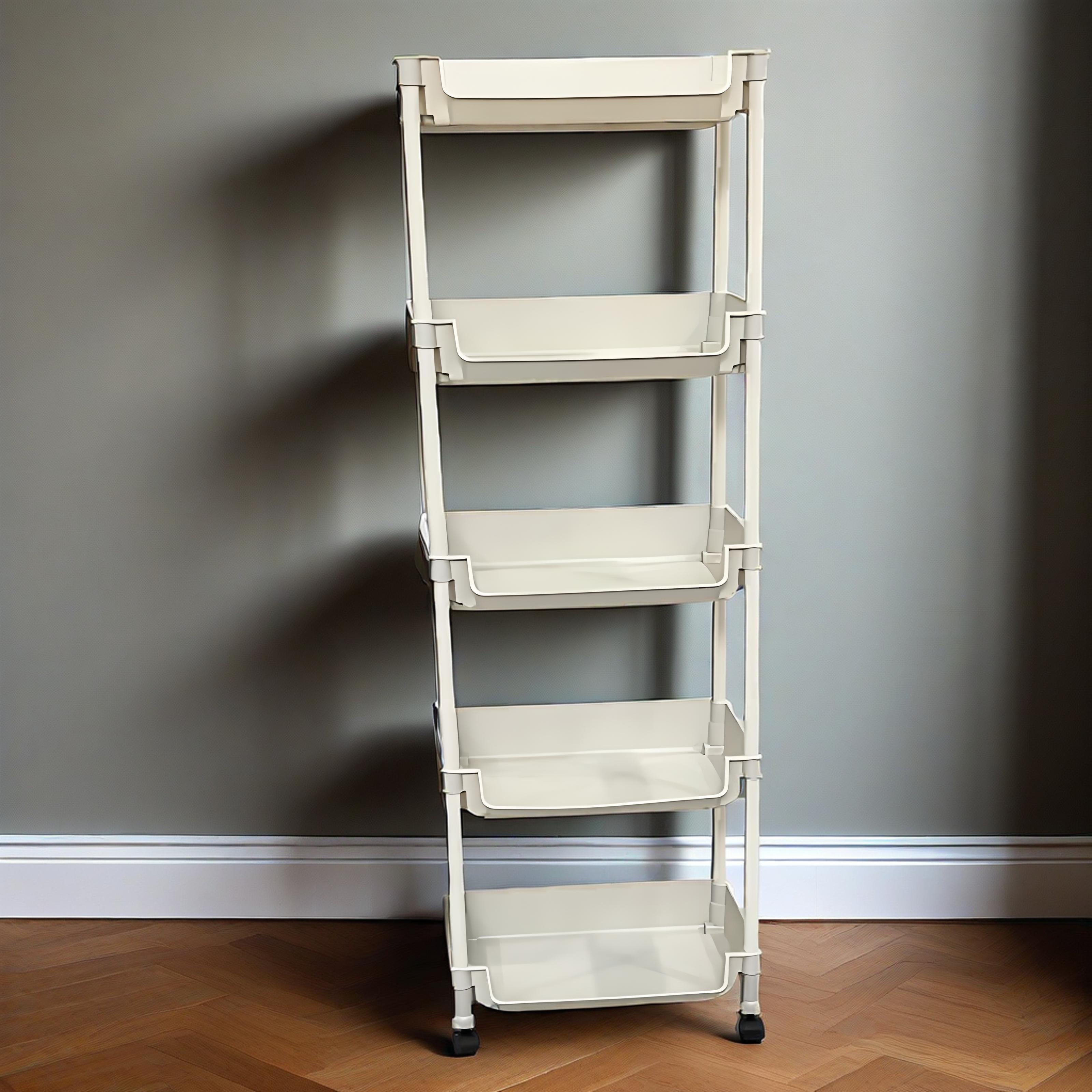 5-Tier Rolling Bookshelf with Wheels - Easy Assembly Plastic Storage Rack for Books, Tools & Household Items - Perfect for Bedroom, Bathroom, Kitchen & Living Room, Utility Shelves