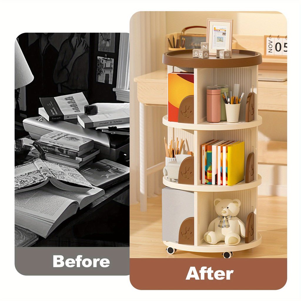 2\u002F3 Layer Swivel Bookshelves, 360° Rotatable Plastic Display Stands, Space Saving Design - Home Storage Shelf, Green\u002FBrown, Storage Shelf for Study, Bedroom, Living Room, Library, Etc.