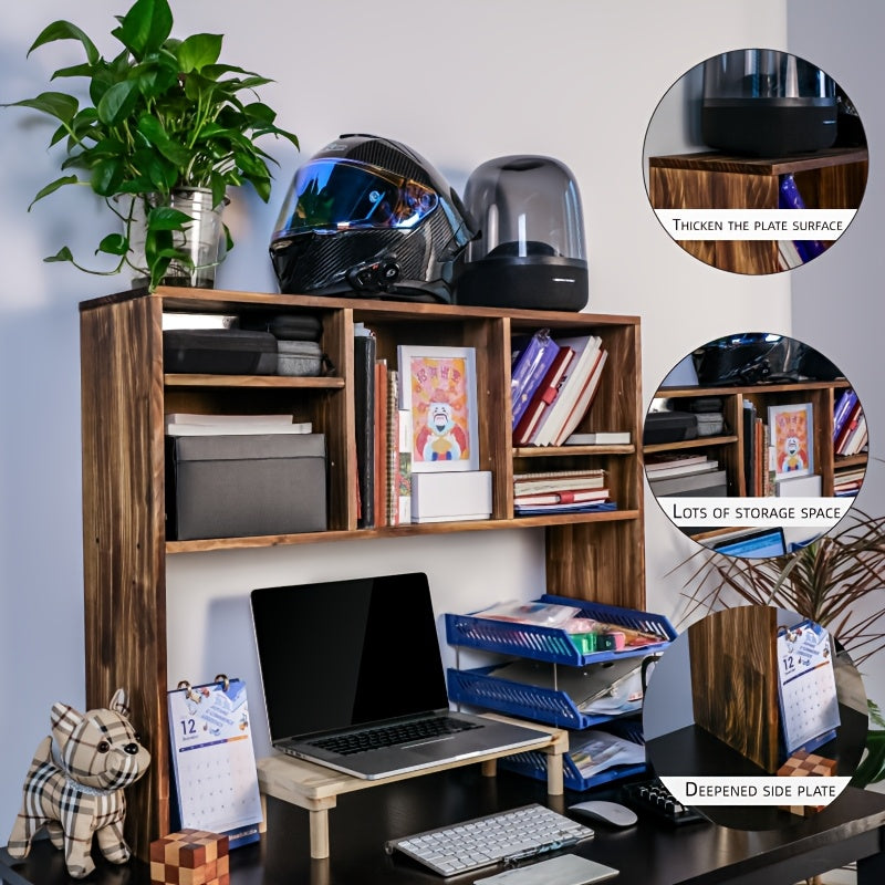 Sturdy New Zealand Pine Desktop Bookshelf - Rustic Natural Wood Finish, Multi-Compartment Organizer for Office, Dorm & Home Use, Easy Assembly